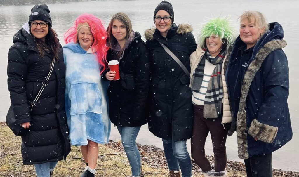 <p>Cold Crew: Stacey Stanford, Susan Howson, Jessica Davis, Carrie Davis, Lady Bugyra, and Linda Thurston just before the New Year’s Day Polar Plunge at Lake-on-the-Mountain. (Submitted Photo)</p>
