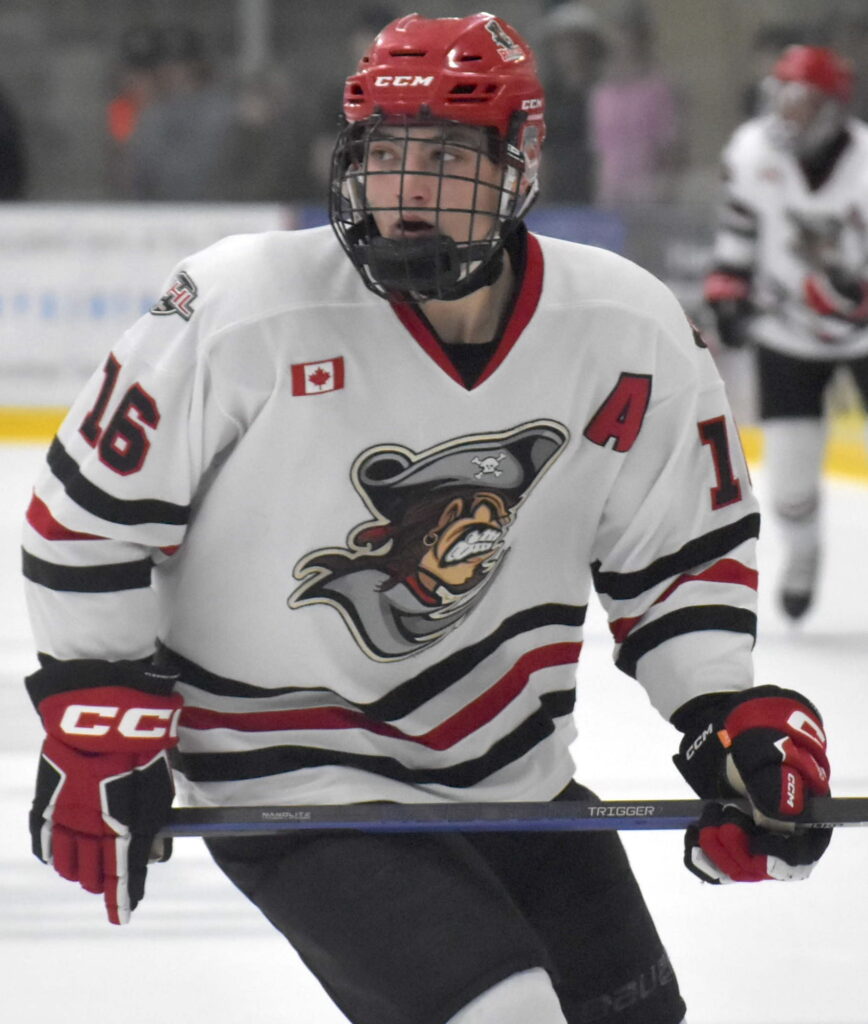 <p>Gerrit Kempers had the game’s opening goal Thursday night as his Picton Pirates bested the visiting Amherstview Jets 2-1. (Jason Parks/Gazette Staff)</p>
