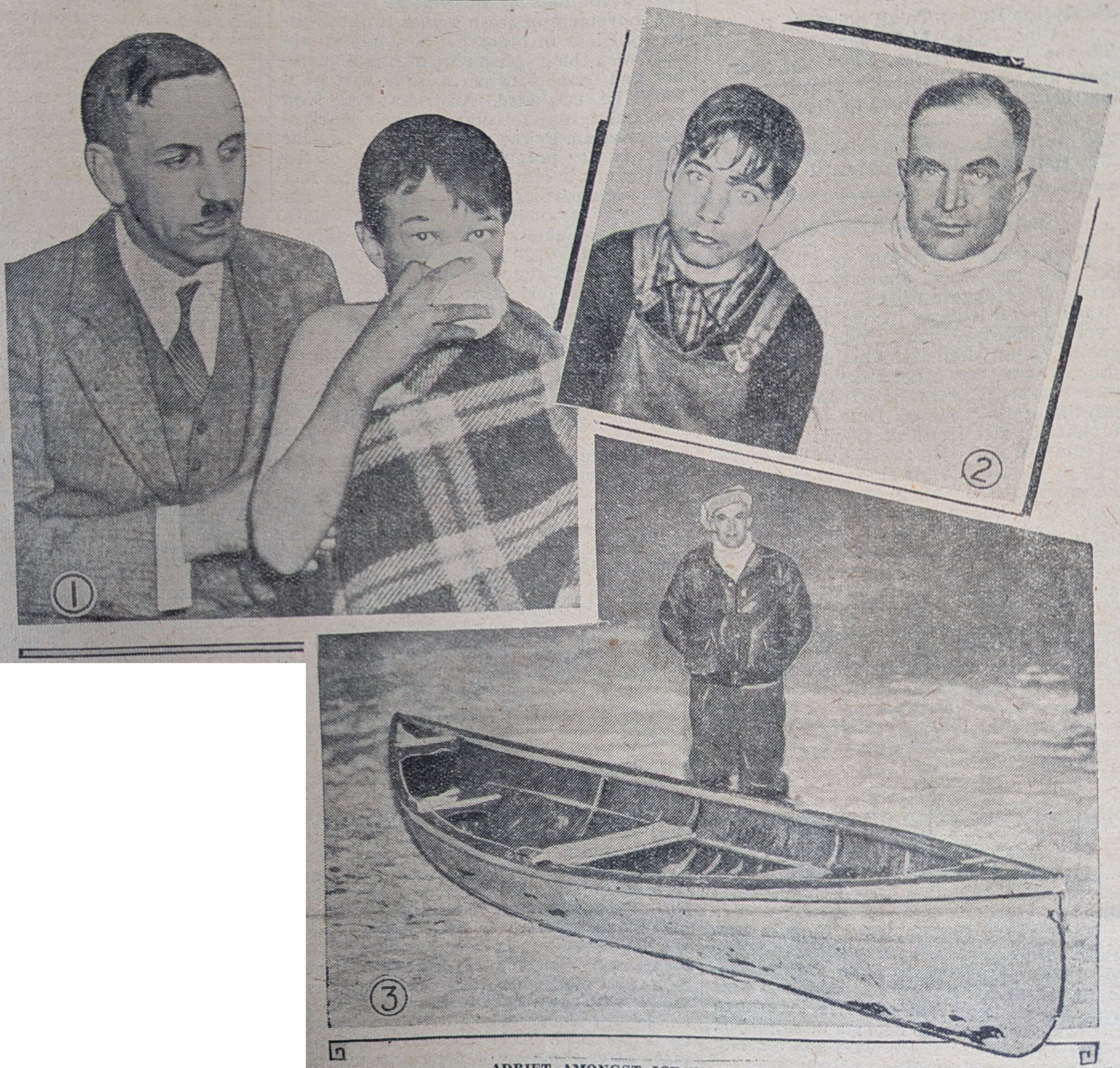 <p>Left to Right: (1) Dr. R. A. Thompson, who rendered the youngsters first aid and Charile Weaver. (2) Henry Vardy, the other boy, and Dick Ingram. (3) Ingram and the rescue boat.</p>
