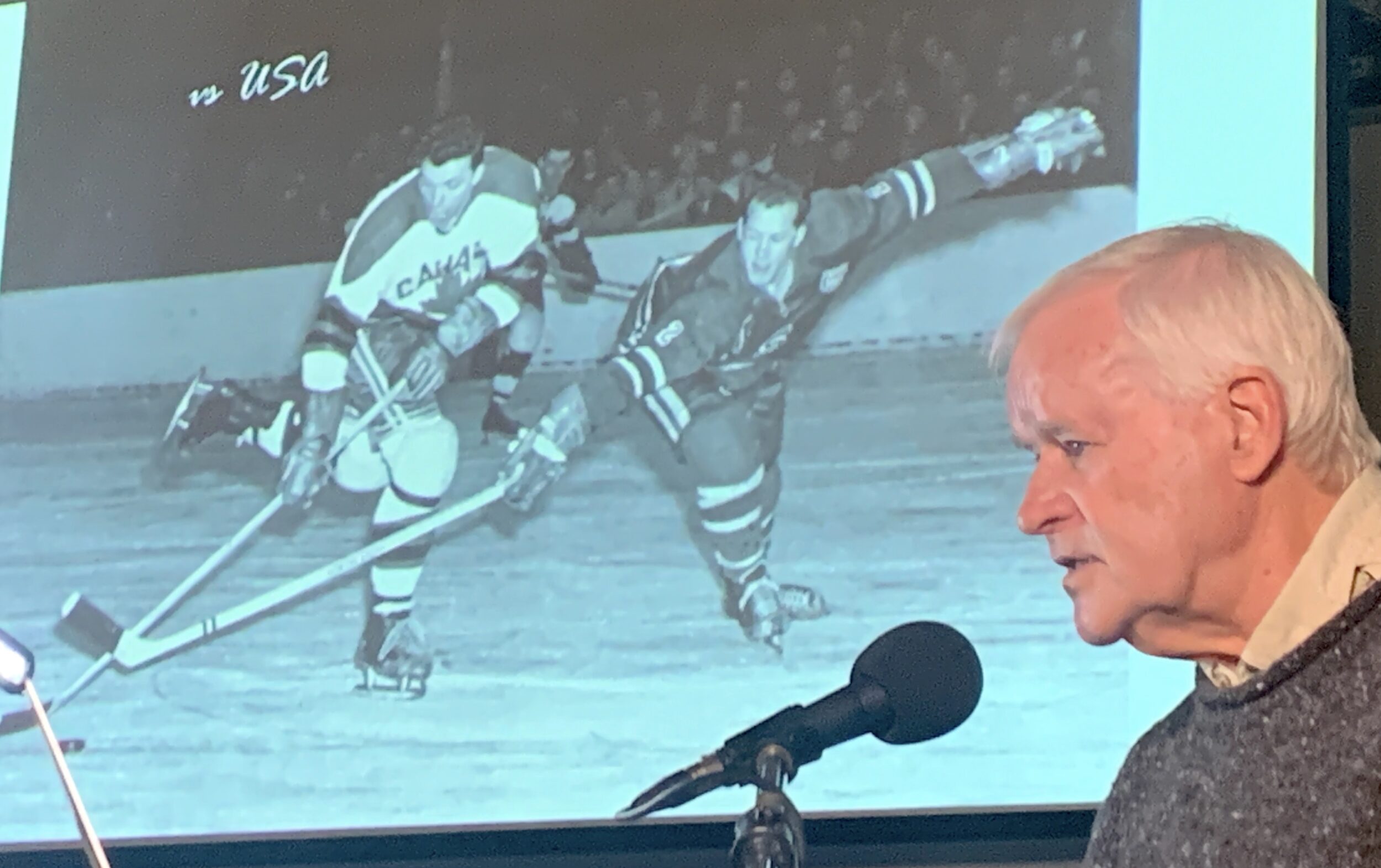 <p>Peter Lockyer shows a clip from his documentary on the Belleville McFarlands’ year of glory (Jason Parks/Gazette Staff)</p>
