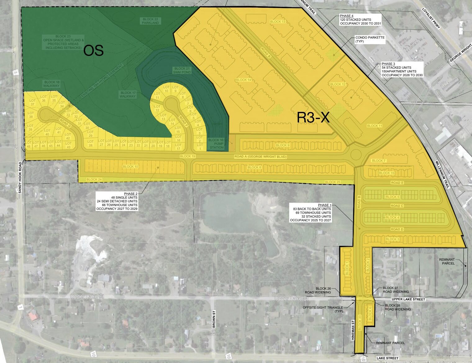 <p>The development is bordered by Sandy Hook, Lake Street, and the Millennium Trail. The green shows the Environmentally Protected areas, stormwater pond, and open space.</p>
