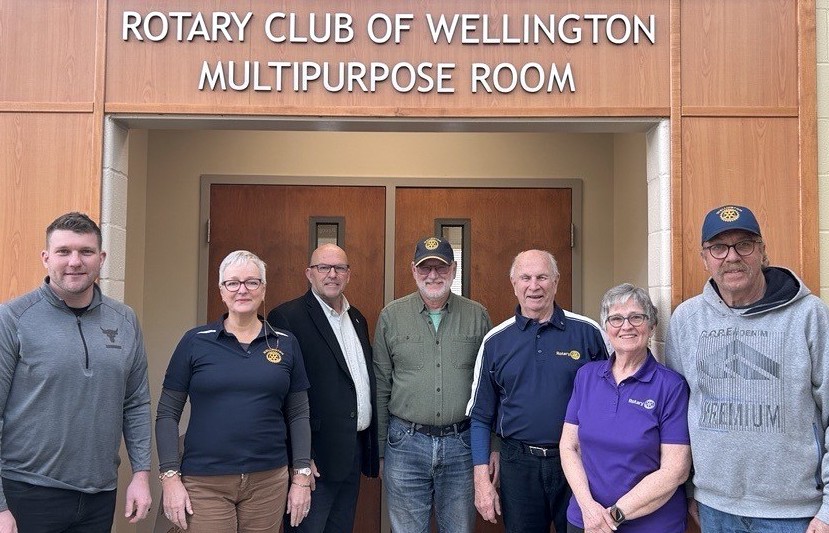 <p>The Wellington Rotary Club are extending their agreement to sponsor the multipurpose room at the Wellington and District Community Centre. Pictured above are (From Left) Wellington Councillor Corey Engelsdorfer, Yvonne Buys, Mayor Steve Ferguson, Jacques Michaud, Club President Roger Tessier, Lyn McGowan, and Tim Cox. (Submitted Photo)</p>
