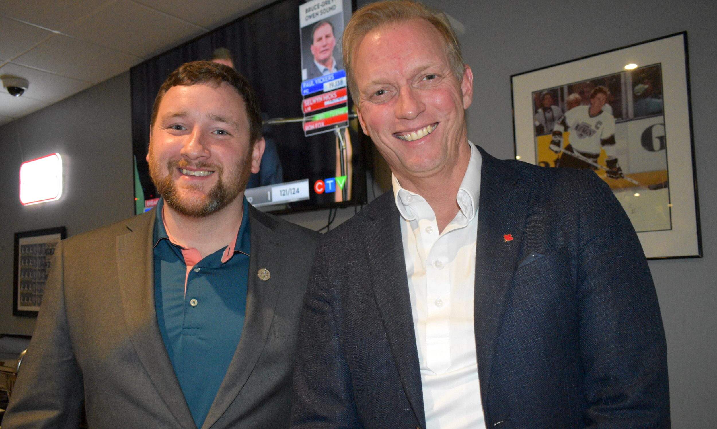 <p>Reelected Bay of Quinte MPP Tyler Allsopp and Bay  of Quinte MP Ryan Williams were all smiles at the results of the 2025 Ontario General Election. (Jason Parks/Gazette Staff)</p>
