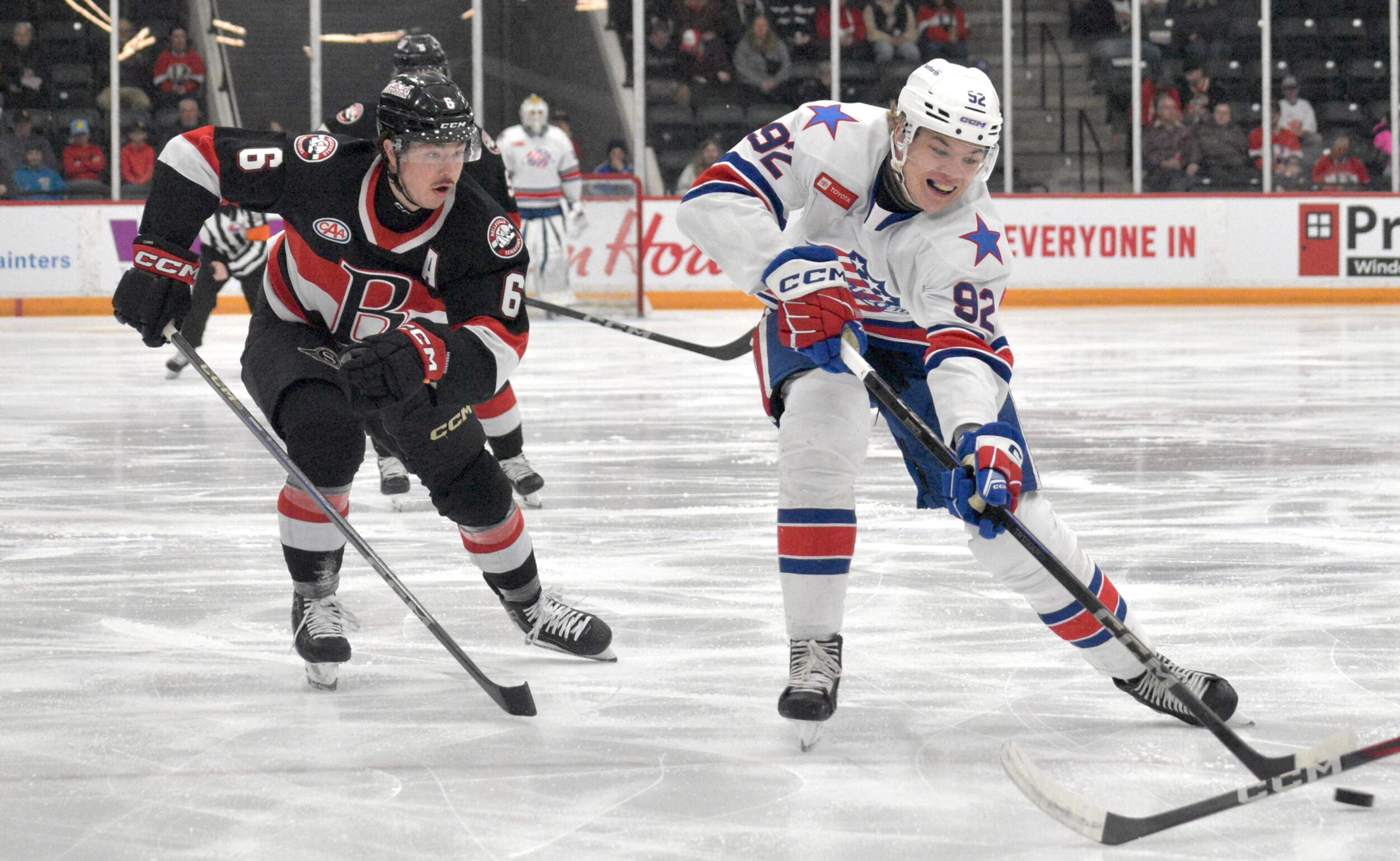 <p>Donovan Sebrango and the Belleville Senators had a difficult time keeping first round NHL draft pick Konsta Helenius off the score sheet Saturday night. (Jason Parks/Gazette Staff)</p>
