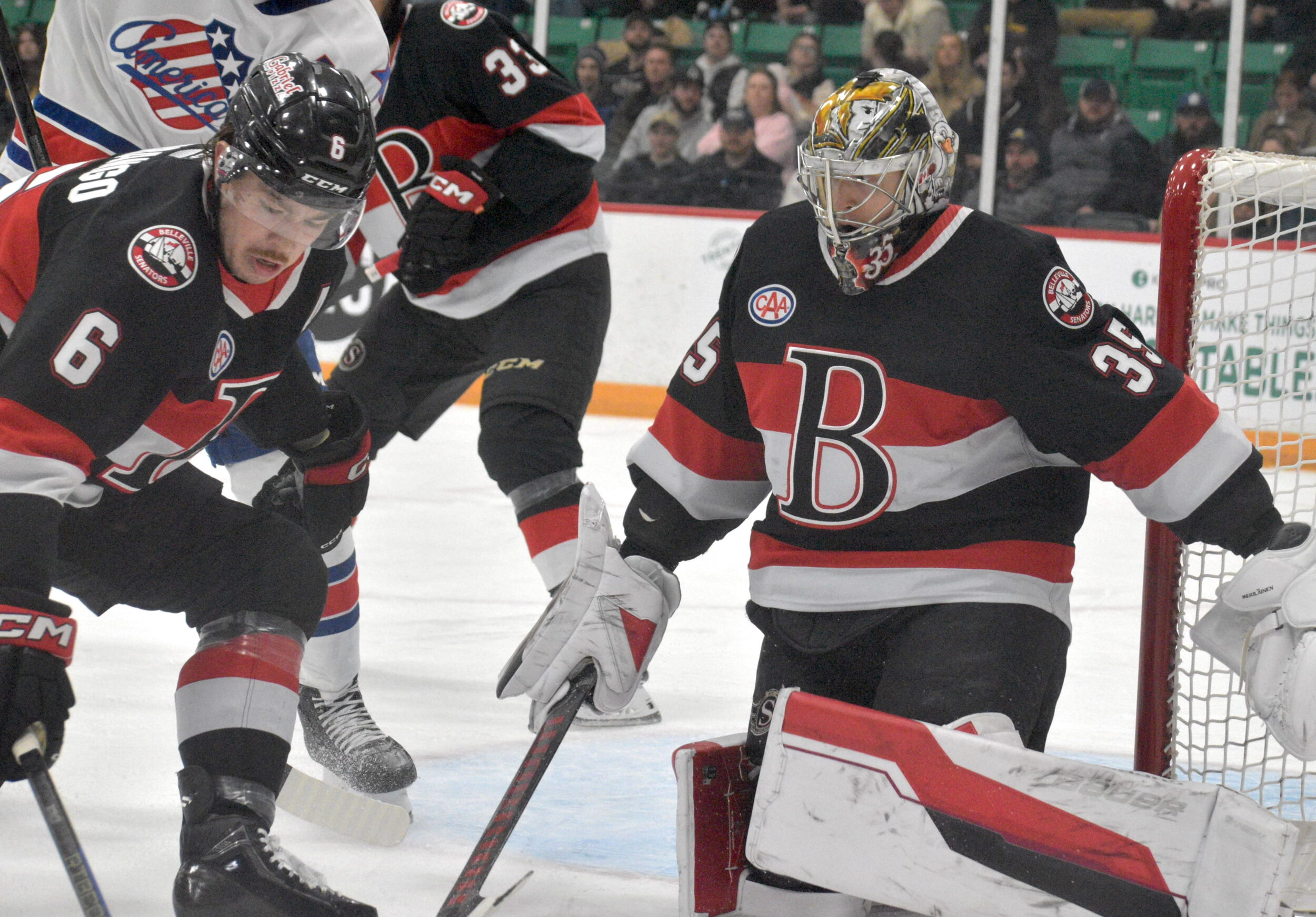 <p>Defenceman Donovan Sebrango and goaltender Leevi Meriläinen were big parts of Belleville’s five point weekend. Mr. Sebrango scored goals in wins over Rochester and Springfield while Mr. Meriläinen allowed just two goals in each of those contests. (Jason Parks/Gazette Staff)</p>
