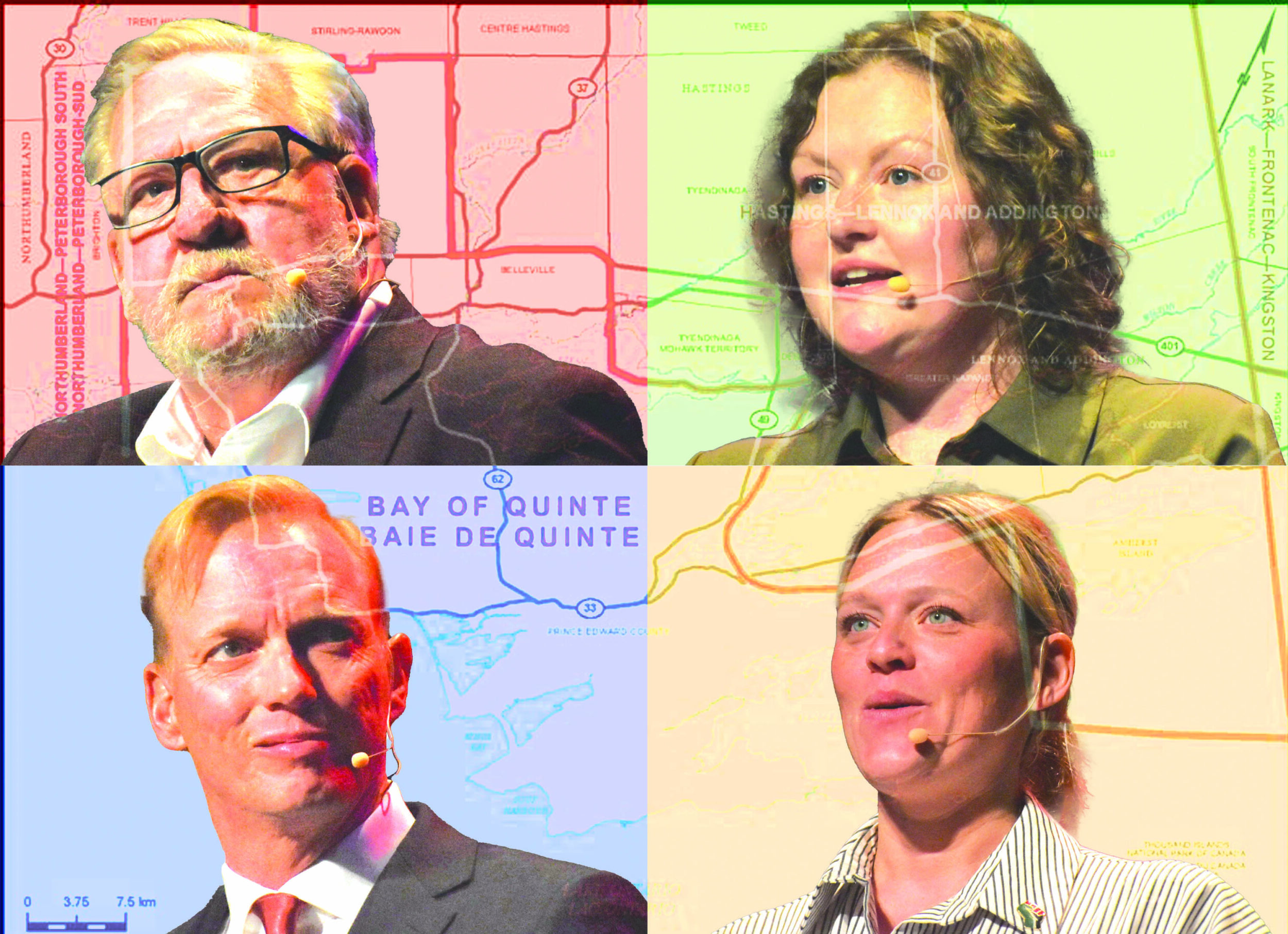 <p>Bay of Quinte Candidates, 2025. Clockwise from top: Liberal Chris Malette; Green Erica Charlton; NDP Kate Crothers; Incumbent PC MP Ryan Williams (Jason Parks, photos, and Natalie Piper, design) </p>
