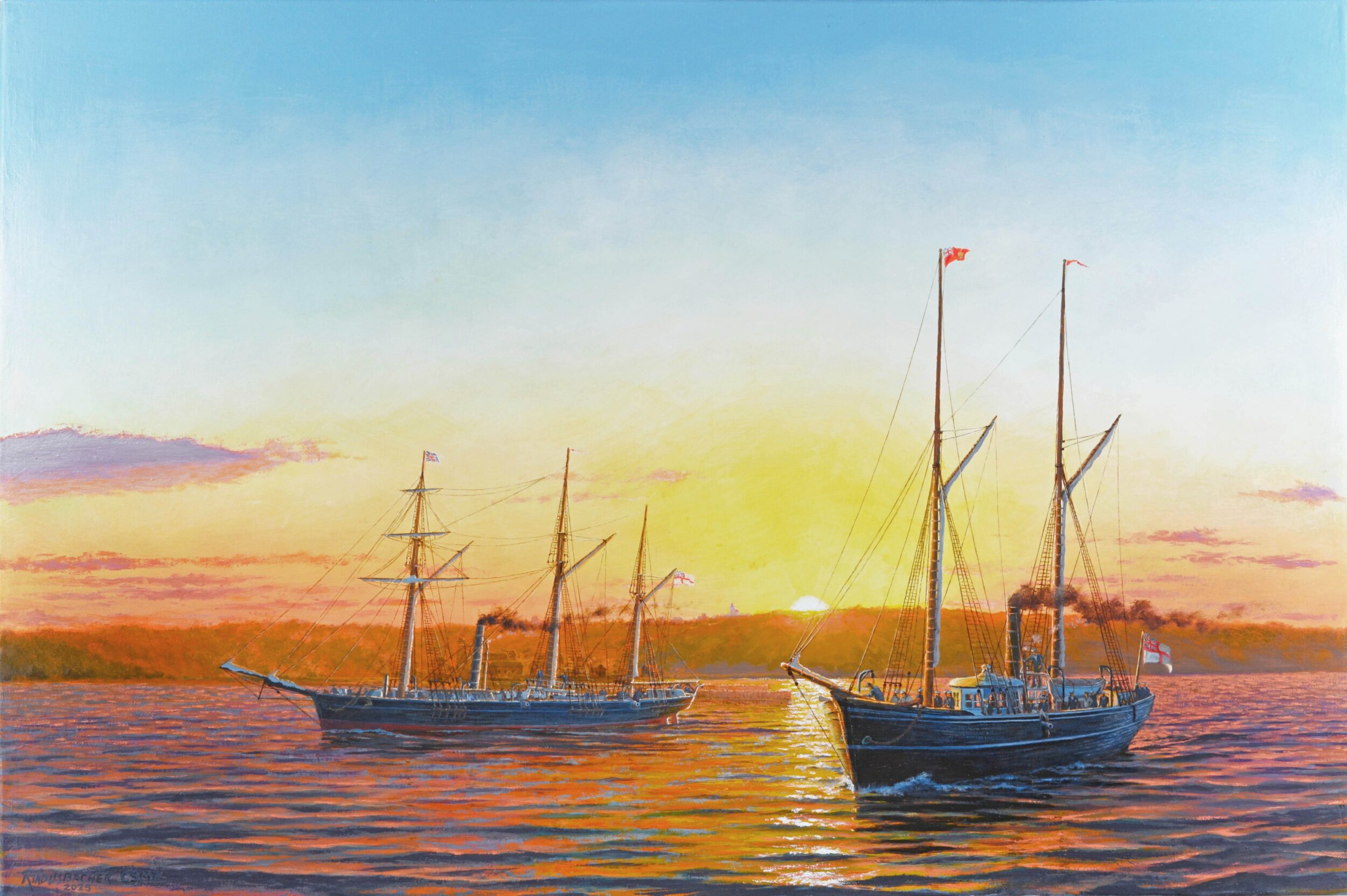 <p>Peter Rindlisbacher, “Dawn of Canadian Naval Protection; HMS CHERUB and Canadian Gunboat<br />
PRINCE ALFRED off Goderich, October, 1867”. Oil on canvas, 24 x 36 inches (Photo supplied)</p>
