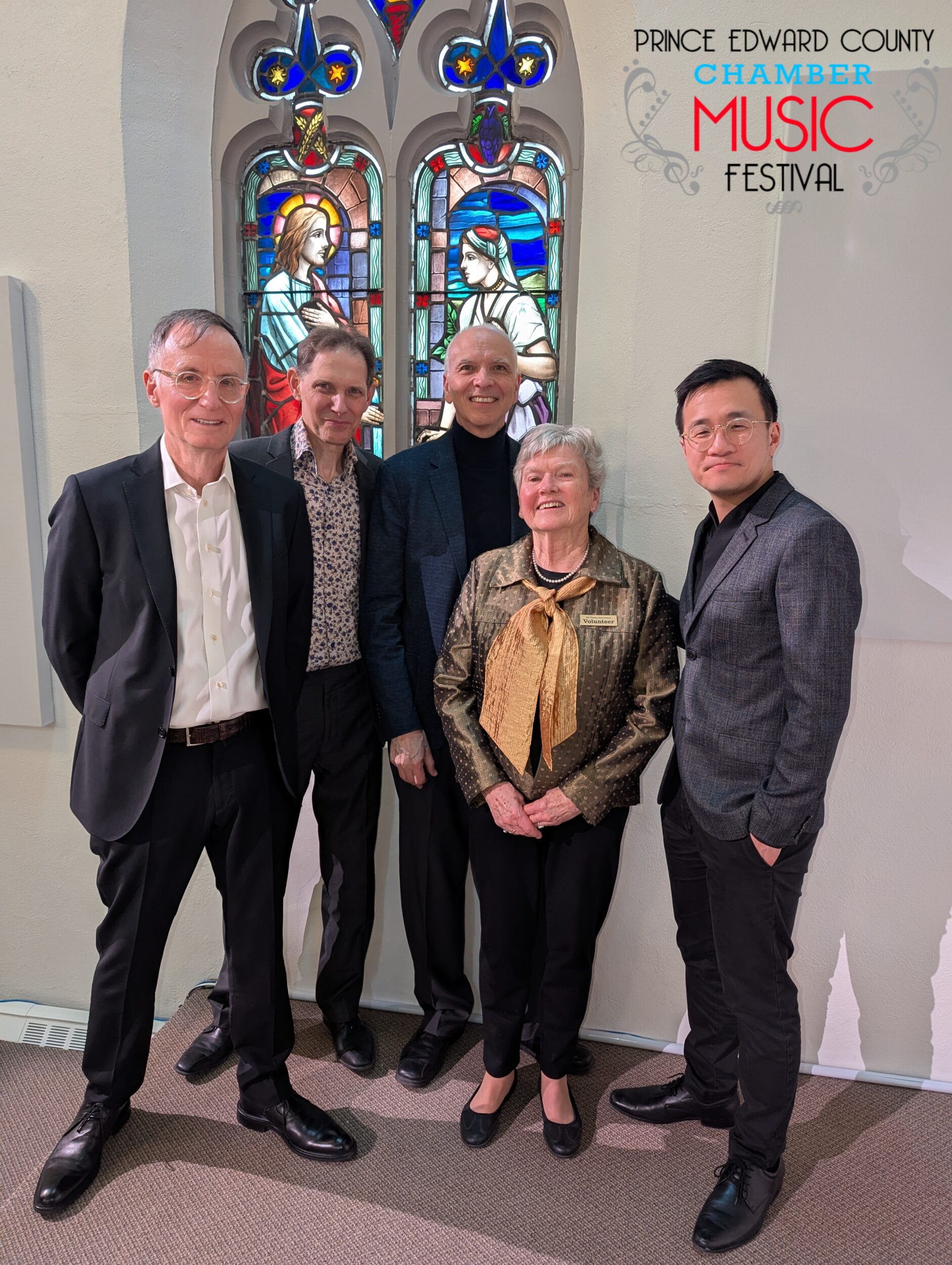 <p>Chamber Musicians Neal Gripp, Paul Marleyn, Stéphane Lemelin and Andrew Wan with Festival Organizer Maureen Dunn.</p>
