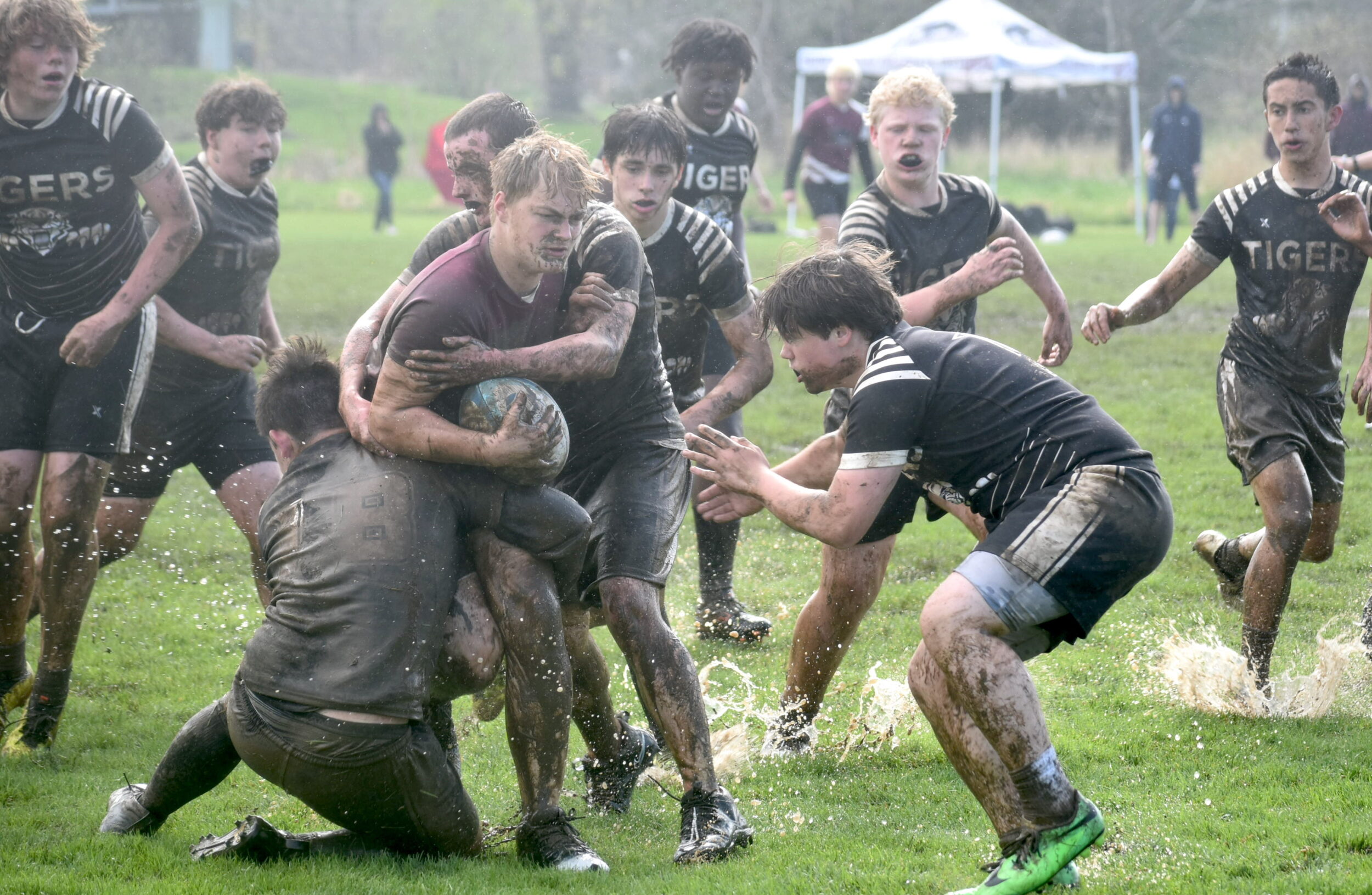 <p>Forward Nic Allen leads the charge to the Trenton High School goal line during the PECI’s 33-5 win Wednesday, May 7. (Jason Parks/Gazette Staff)</p>
