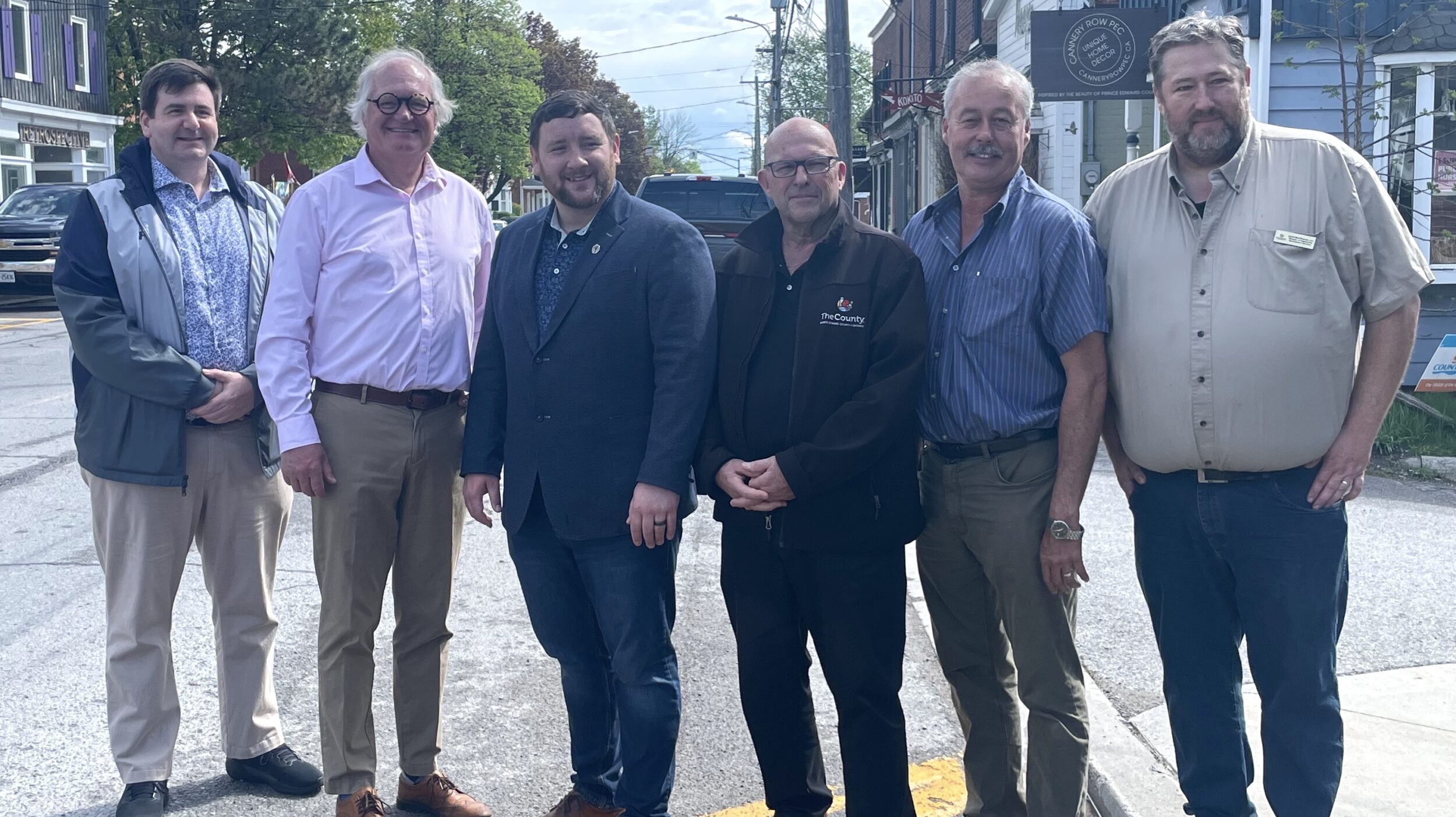 <p>The Government of Ontario is investing $2 million from its Connecting Links program to resurface Bloomfield Main Street. Pictured at Friday’s announcement are (From Left) Interim CAO Adam Goheen, Councillor Chris Braney, Bay of Quinte MPP Tyler Allsopp, Mayor Steve Ferguson, Councillor Brad Nieman and Manager of Engineering David MacPherson. (Eleanor Zichy/Gazette Staff)</p>
