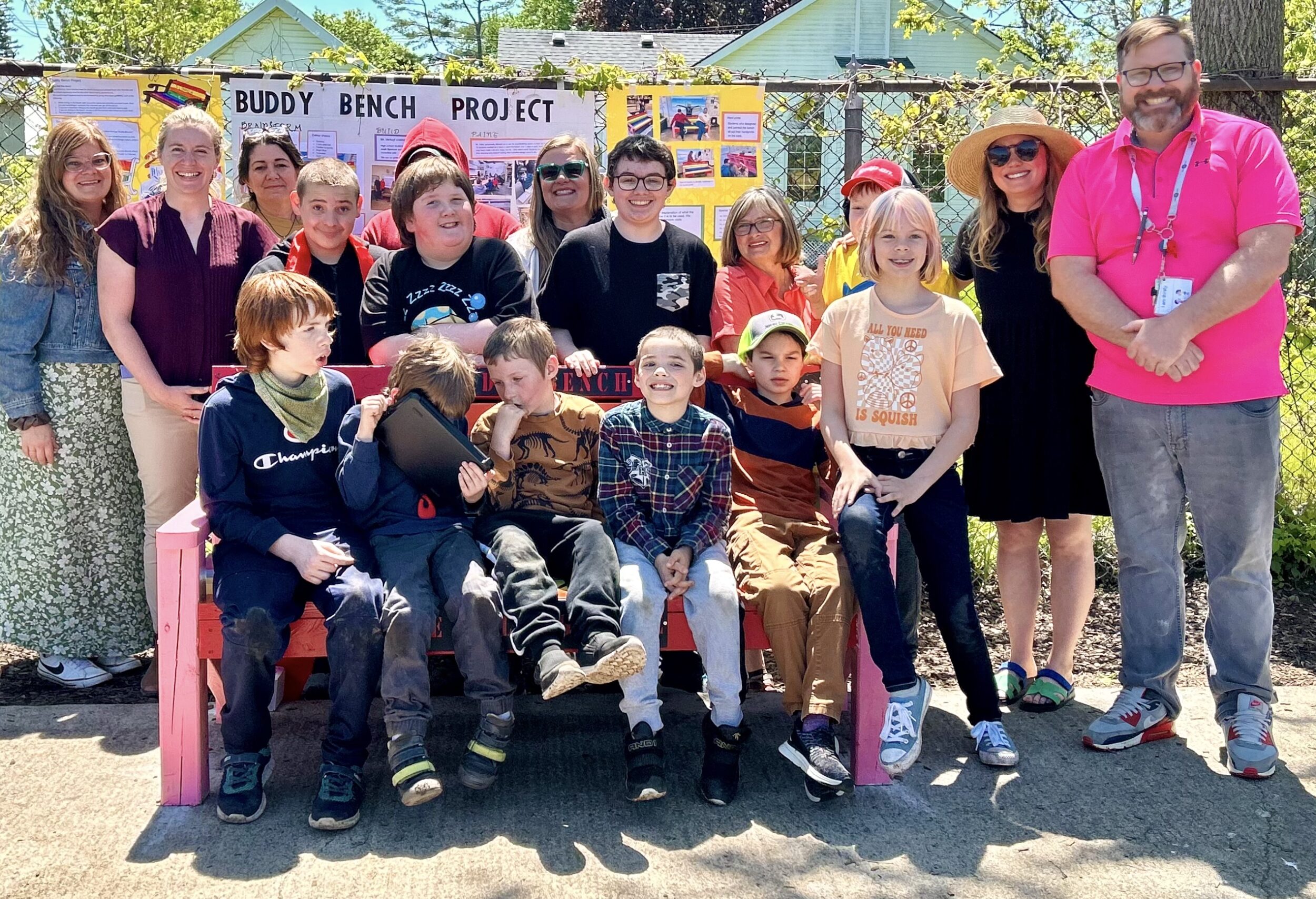 <p>PECI Staff and supporters gather with students from the Regional Program to celebrate the school’s first Buddy Bench. (Supplied Photo)</p>
