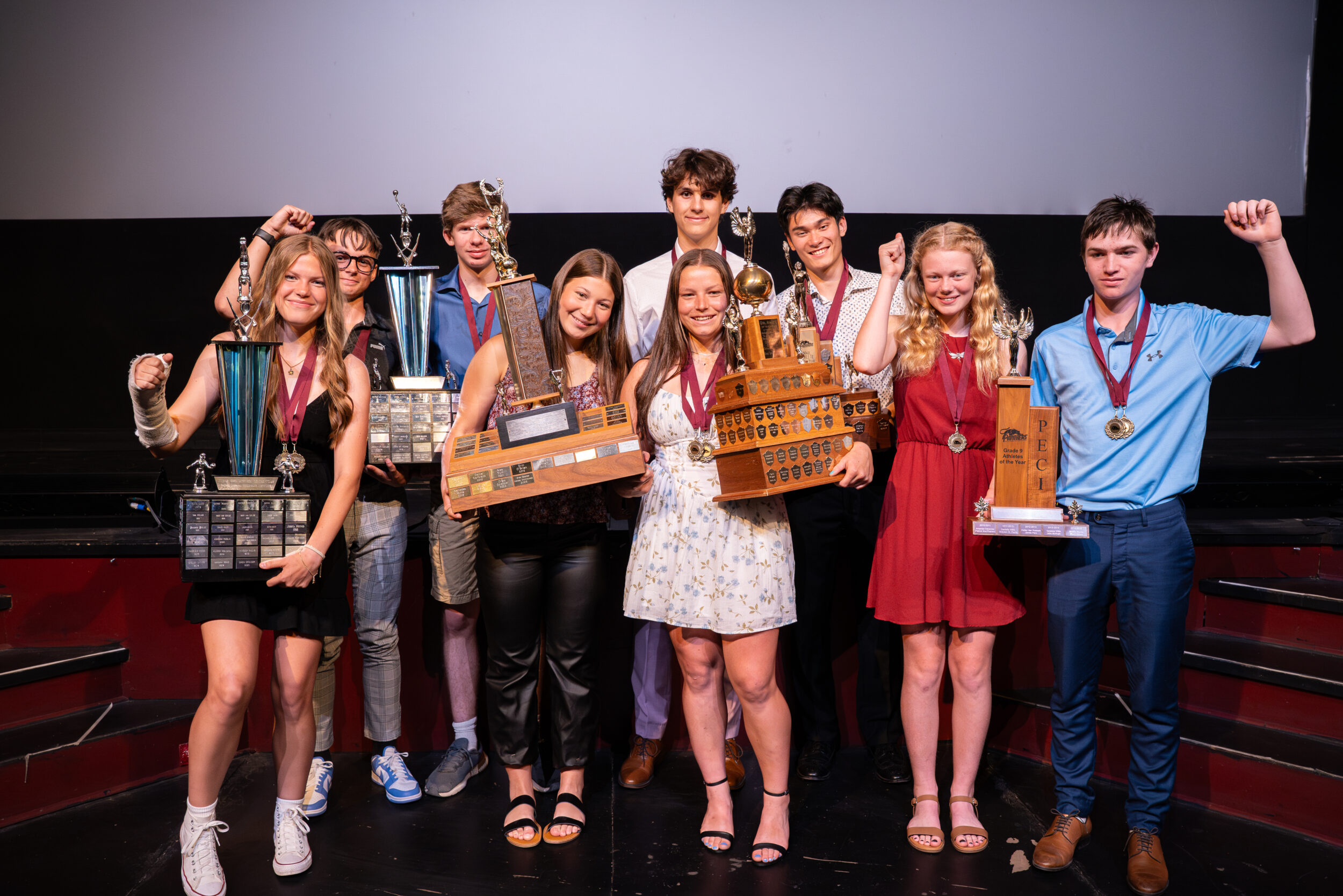 <p>PECI students (From Left) Sophie Cassie, Will Bolton, Gavin Campbell, Kensey Koutroulides, Declan Vincent, Drew Spencer, Rowan Colby, Alia Vader and Nolan Thompson were recognized for their athletic accomplishments at the school’s sports awards night at the Regent Theatre June 10. (Logan Somers Photo)  </p>
