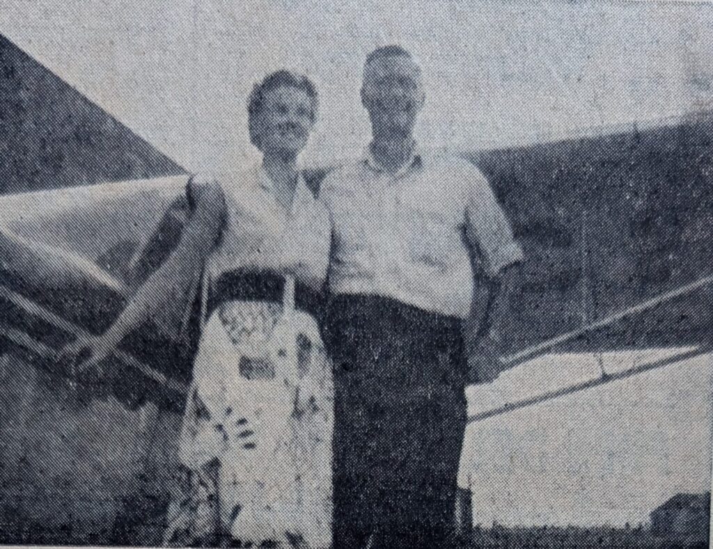 <p>Helen Bradley, youngest woman pilot in Canada, and her father, Mel. Bradley, chief flying instructor of Prince Edward Flying Club, Picton, Ontario (1955)</p>
