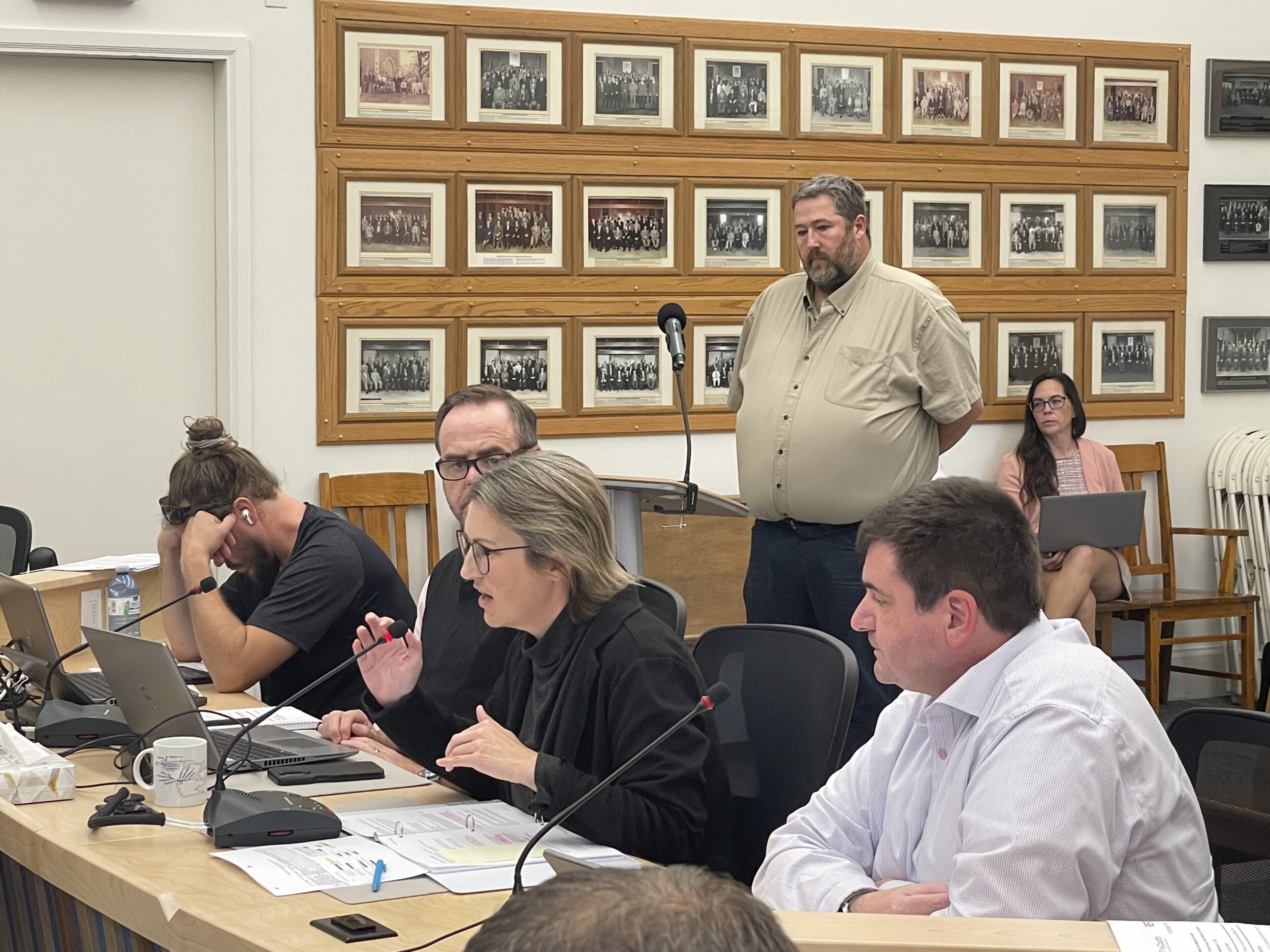 <p>(Centre) Director of Development Services Cristal Laanstra breaks down the municipality’s current and<br />
future water and wastewater allocation for council. (Eleanor Zichy/Gazette Staff)</p>

