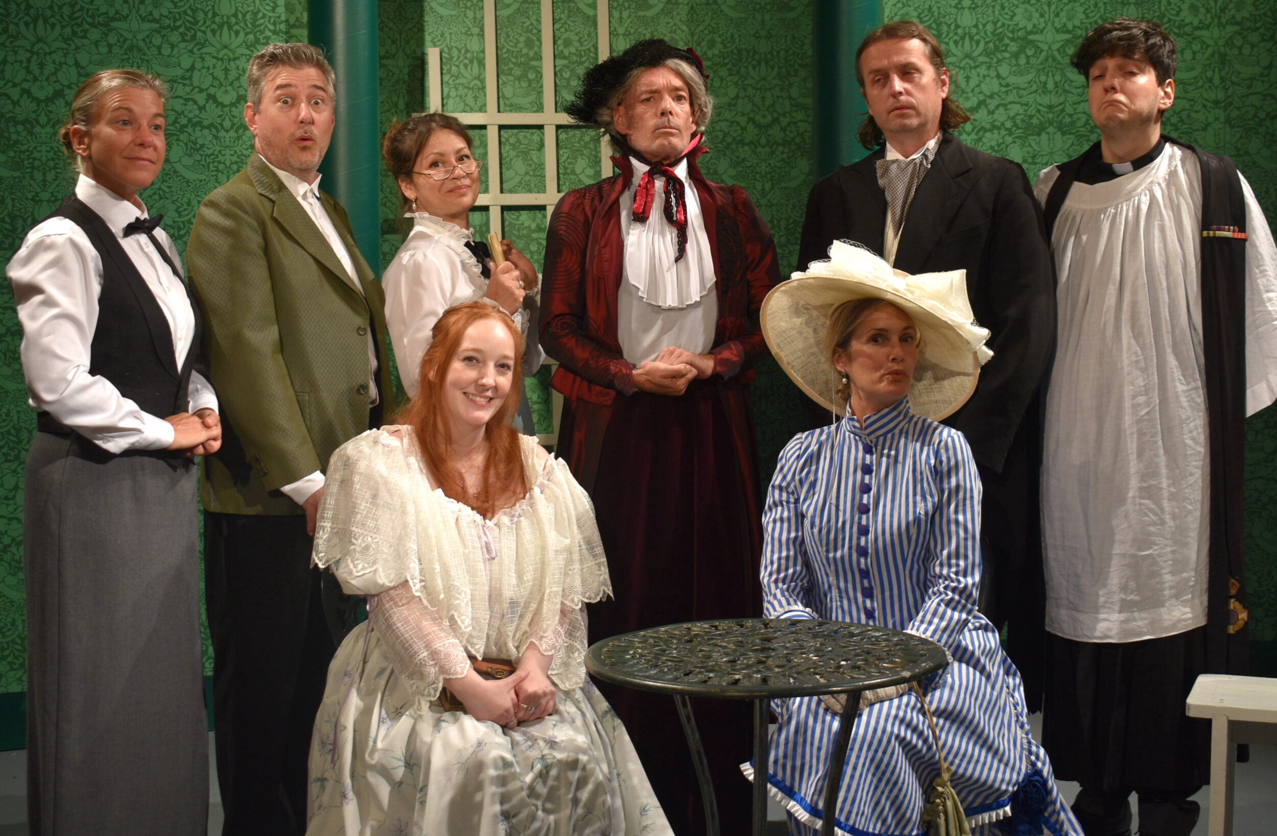 <p>The cast of the Marysburgh Mummer production of The Importance of Being Earnest (Back Row, from<br />
Left) Sarah Kirby (Lane / Merriman), James Finlay Fraser (Algernon Moncrieff and Director), Wendy<br />
Roy (Miss Prism), Pat Larkin (Lady Bracknell), David Baker (John ‘Jack’ Worthing), Michael Code (Rev.<br />
Chasuble), (Front) Kodie Trahan-Guay (Cecily Cardew), and Jean Parker (Hon. Gwendolen Fairfax)<br />
(Jason Parks/Gazette Staff) (Jason Parks/Gazette Staff)</p>
