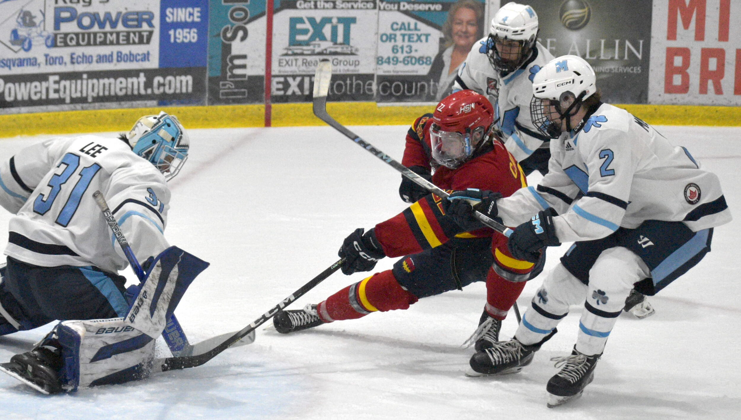<p>Wellington’s Zach Carrier is foiled on this attempt at the St. Mike’s net. (Jason Parks/Gazette Staff)</p>

