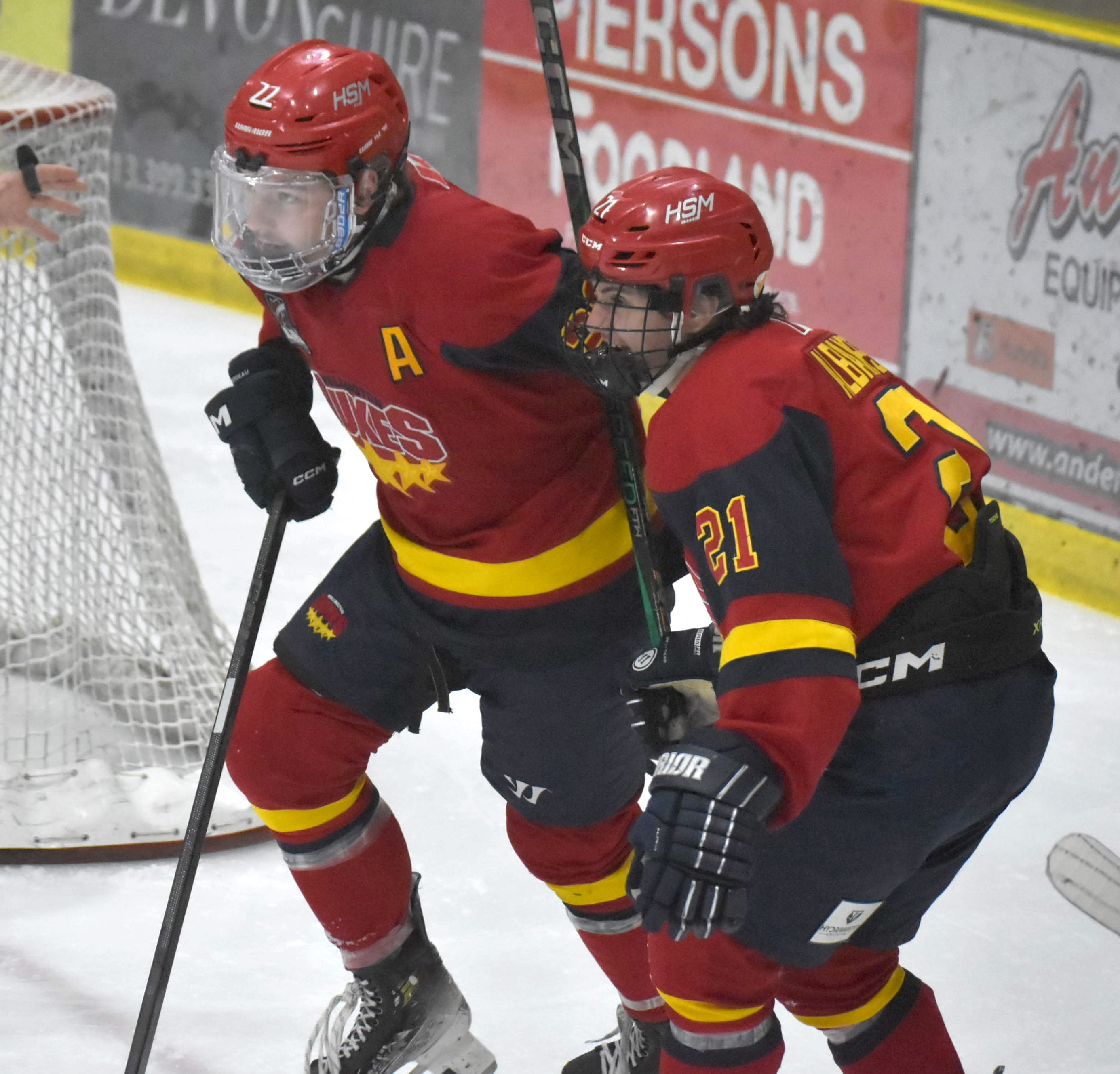 <p>(From Left) Zach Carrier and Vince Albanese got Wellington off on the right foot Sunday, scoring in the opening minutes to send the club on to a 5-1 victory over visiting Oakville. (Jason Parks/Gazette Staff)</p>
