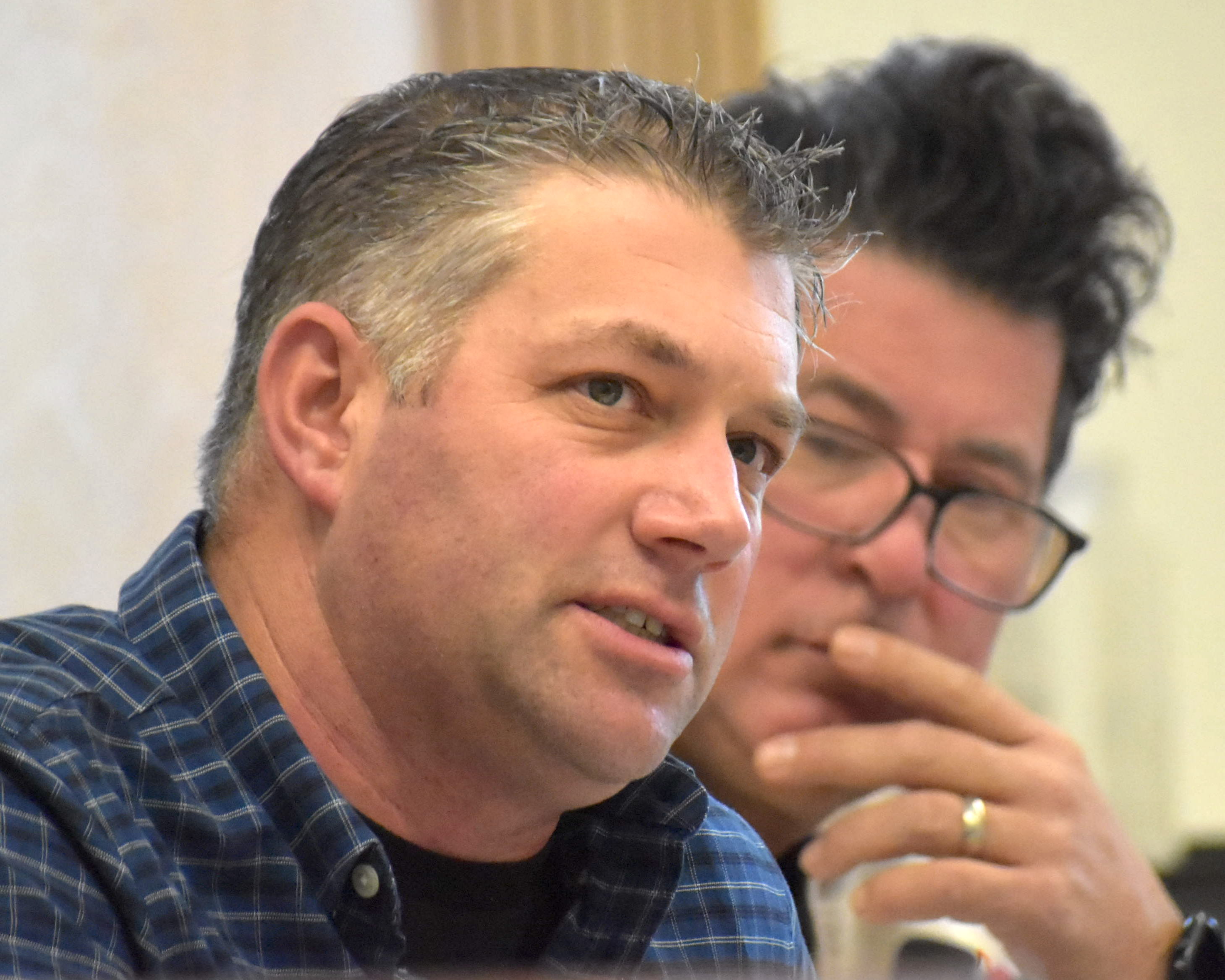 <p>Councillor Sam Grosso ponders a point made by councillor Phil Prinzen during 2026 budget deliberations. (Jason Parks/Gazette Staff)</p>
