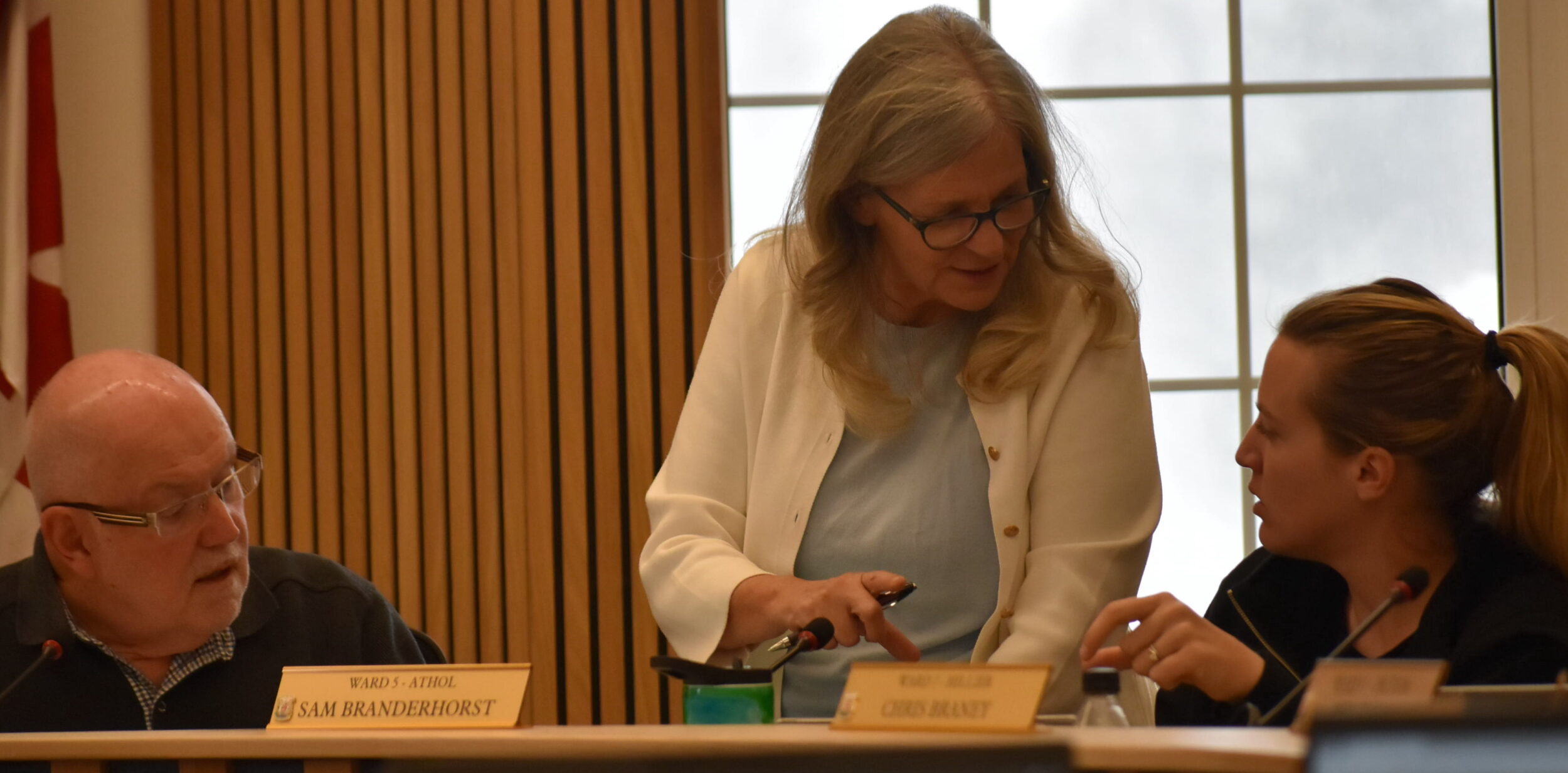 <p>Councillors John Hirsch, Janice Maynard and Sam Branderhorst discuss matters during a break in 2026 Budget Deliberations. (Jason Parks/Gazette Staff)</p>

