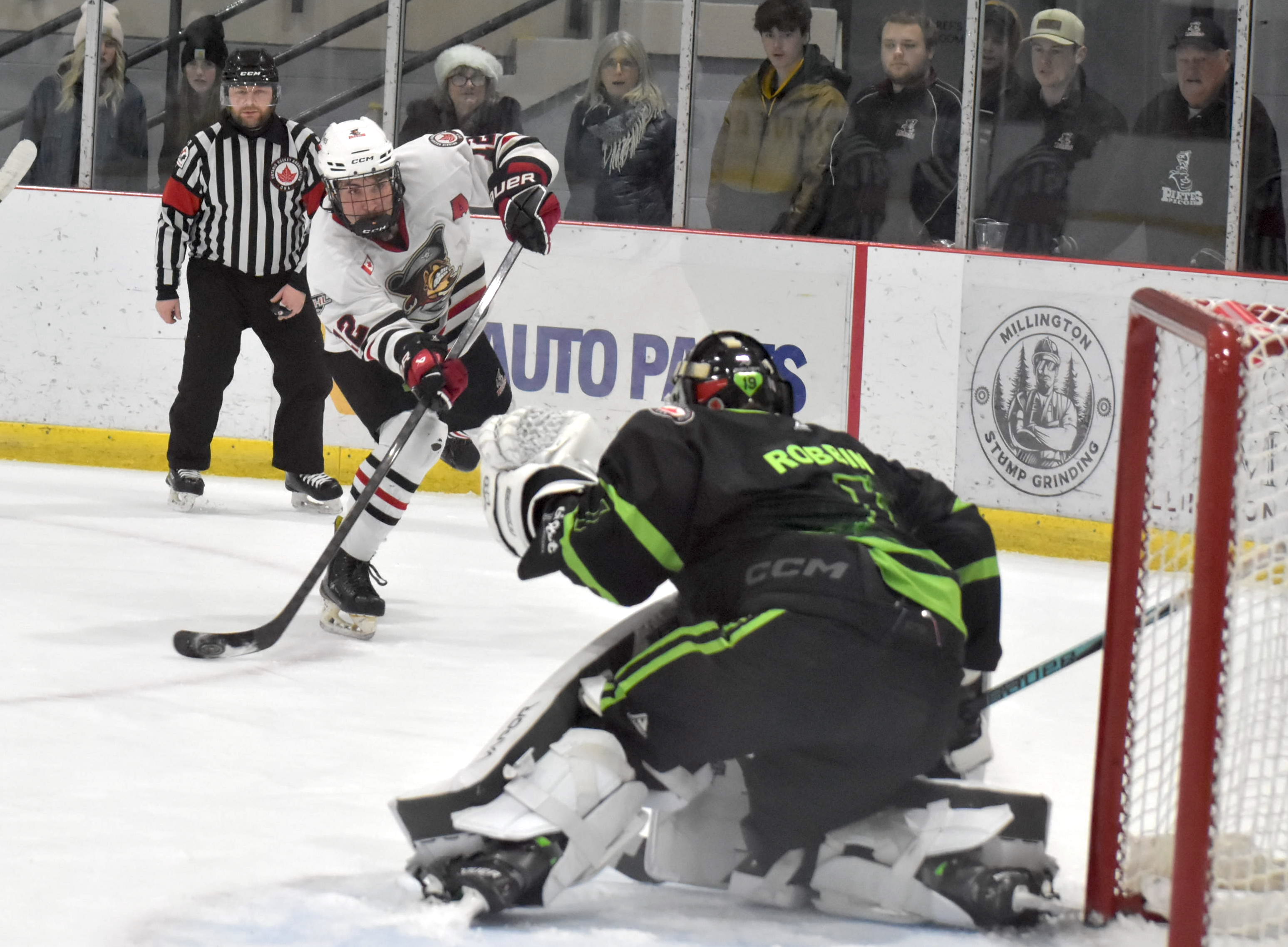 <p>Picton’s Colby Leaver tries to find an angle against Trent Hills goaltender Parker Robbins. (Jason Parks/Gazette Staff)</p>
