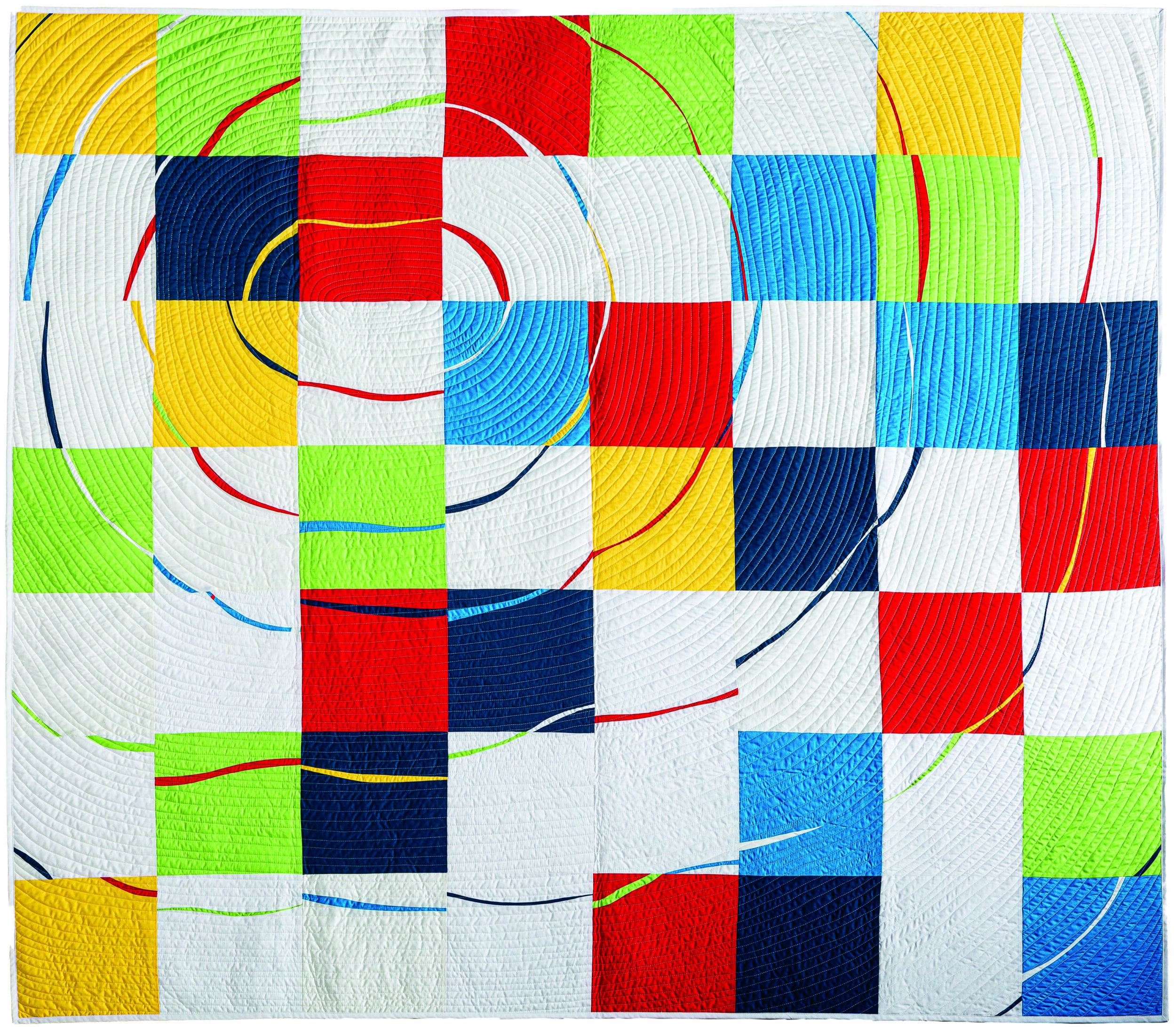 <p>Bill Stearman, Be the Pebble! Make the Waves, 72”x 60”, 2023.<br />
(Quilted by Deanna Gaudaur. Photo by Mike Gaudaur)</p>
