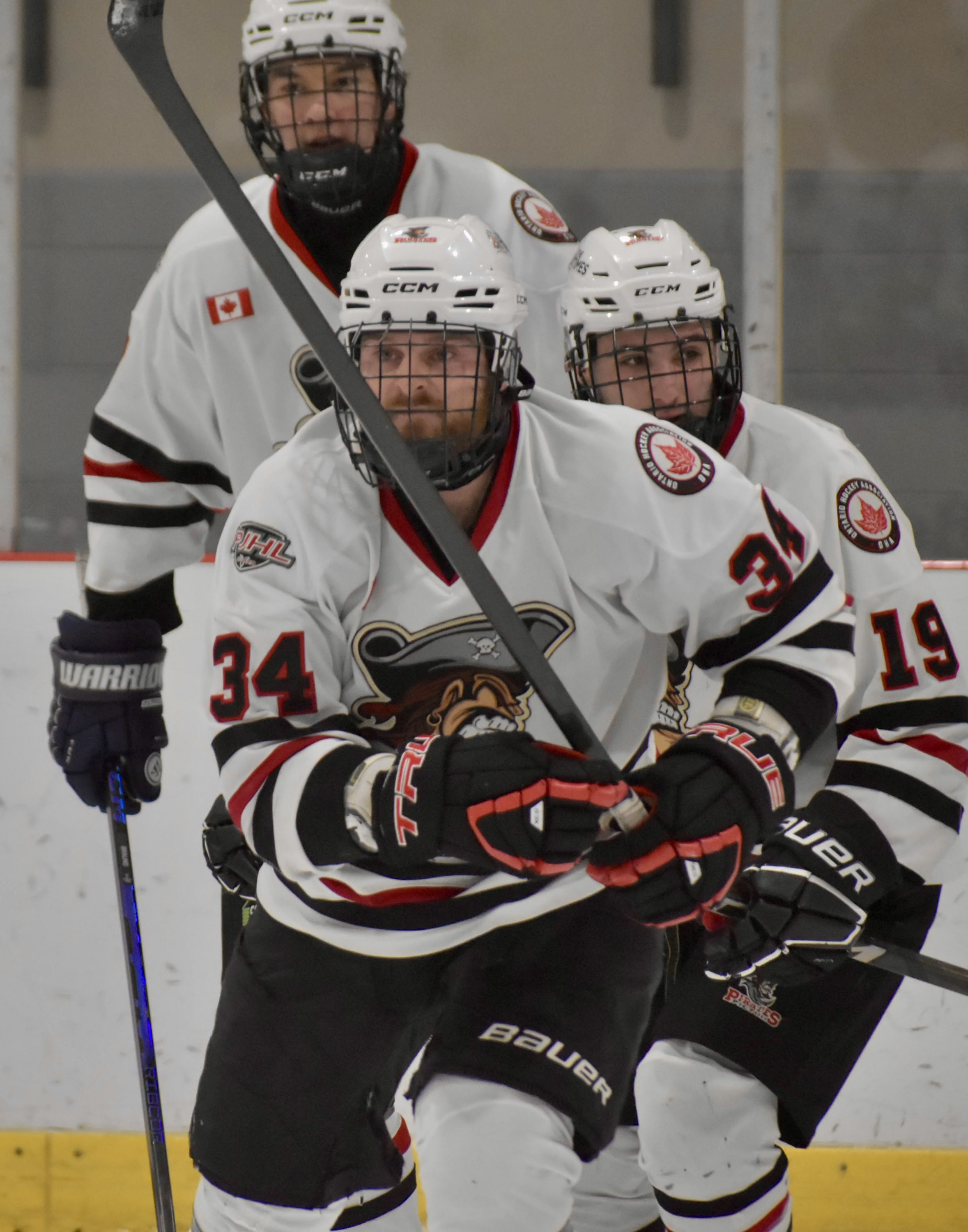 <p>Picton’s Nate Woods leads a goal train to the Pirates bench after notching his fourth goal of the season Saturday afternoon. (Jason Parks/Gazette Staff)</p>
