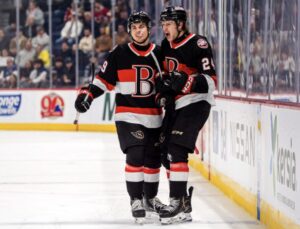 <p>(From Left) Tomas Hamara and Jan Janik celebrate Mr. Janik’s go ahead powerplay goal in the second period of Belleville’s 3-2 overtime win in Laval Wednesday night. (Laval Rocket Photo) </p>
