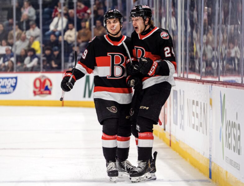 <p>(From Left) Tomas Hamara and Jan Janik celebrate Mr. Janik’s go ahead powerplay goal in the second period of Belleville’s 3-2 overtime win in Laval Wednesday night. (Laval Rocket Photo) </p>
