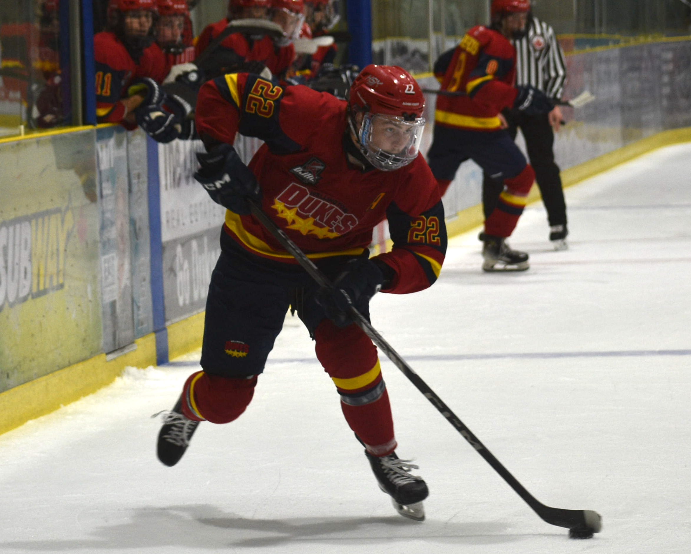 <p>Zach Carrier and the Wellington Dukes earned a point in a 4-4 tie in Pickering on Friday.  (Jason Parks/Gazette Staff)</p>
