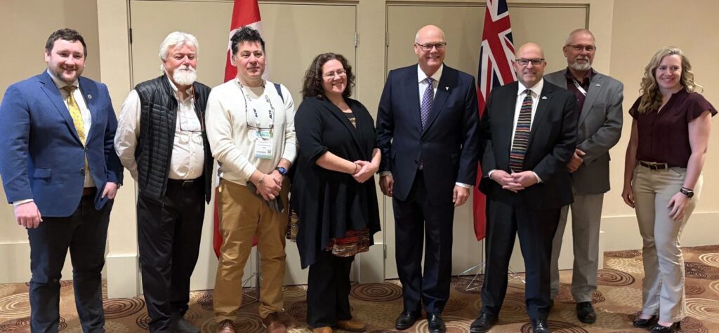 <p>The County delegation met with provincial officials at ROMA last week. From left to right: Bay of Quinte MPP Tyler Allsopp; Councillors Bill Roberts, Sam Grosso, and Kate MacNaughton; Minister of Minister of Municipal Affairs and Housing Rob Flack; Mayor Steve Ferguson; and Councillors Phil St-Jean and Sam Branderhorst. (Supplied image).</p>
