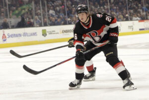 <p>Belleville defenceman Carter Yakemchuk scored a goal in his club’s 6-5 overtime loss in Cleveland Saturday. (AHL/Cleveland Monsters photo)</p>
