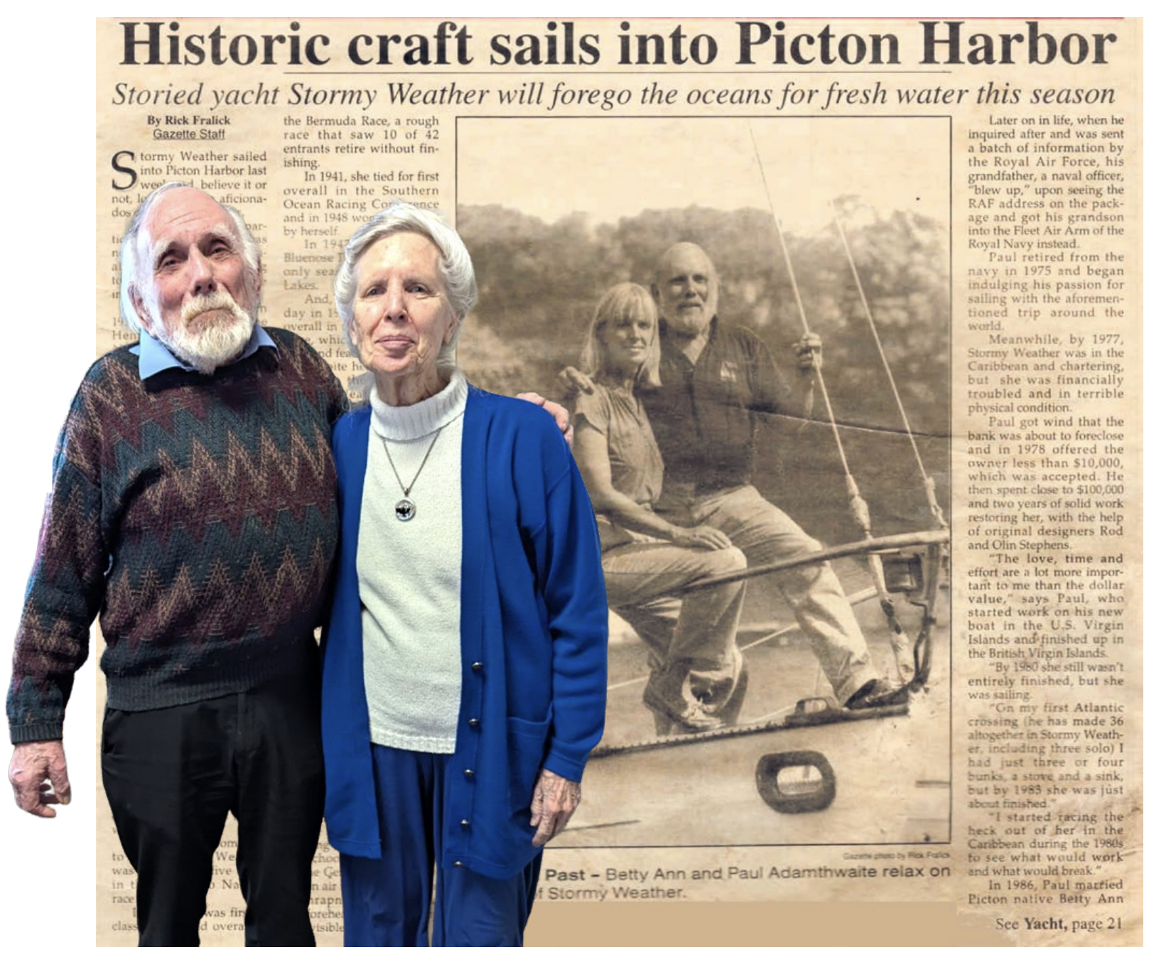 <p>Paul Adamthaite and Betty Ann Anderson, now and then, depicted on their boat, Stormy Weather in a Gazette of 1997. (Chris Fanning/Gazette Staff/Naval Marine Archive)</p>
