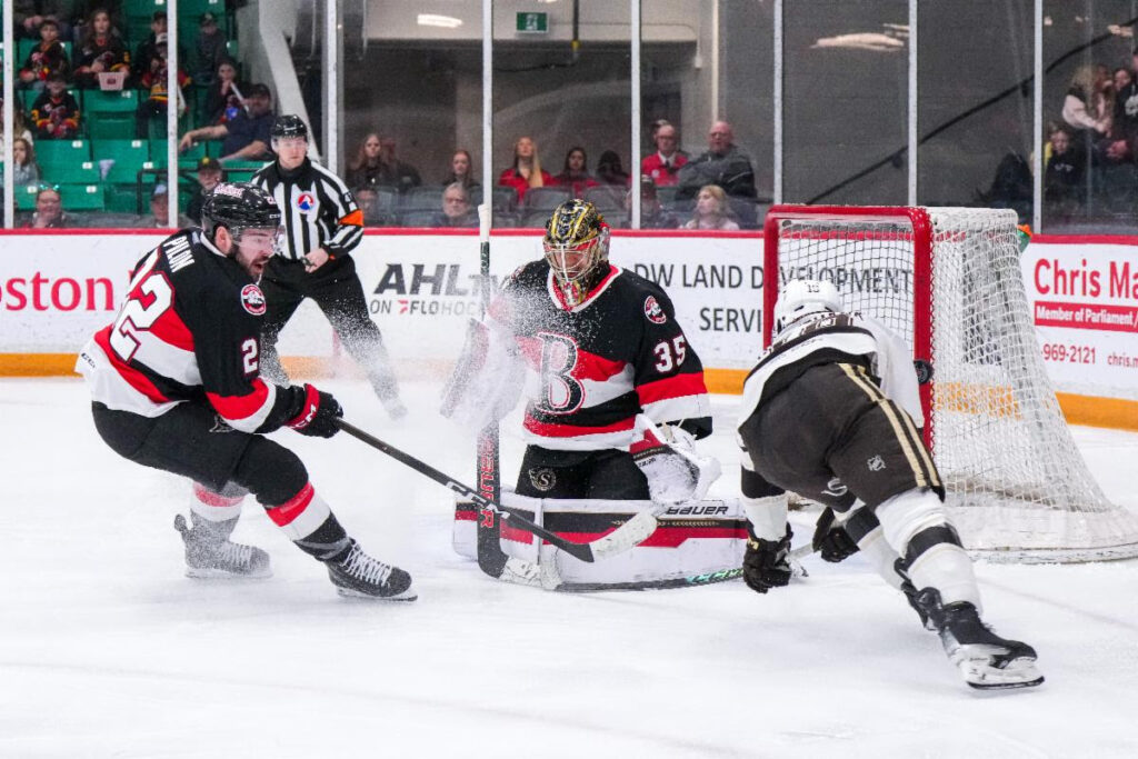 <p>Leevi Meriläinen makes one of his 30 saves in Monday’s win over visiting Hershey. (Belleville Senators/Jana Chytilova/Freestyle Photography)</p>
