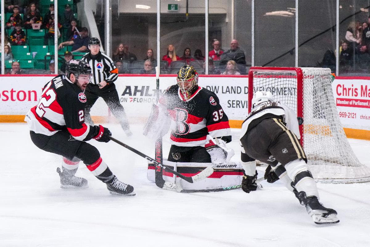 <p>Leevi Meriläinen makes one of his 30 saves in Monday’s win over visiting Hershey. (Belleville Senators/Jana Chytilova/Freestyle Photography)</p>
