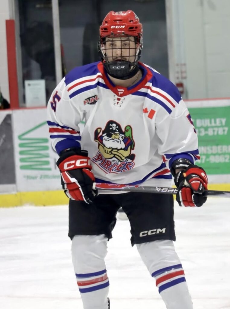 <p>Ben Smith set up Picton’s lone goal in a 2-1 overtime loss to Amherstview Monday. (Hannah Douglas/Hockey Media)</p>
