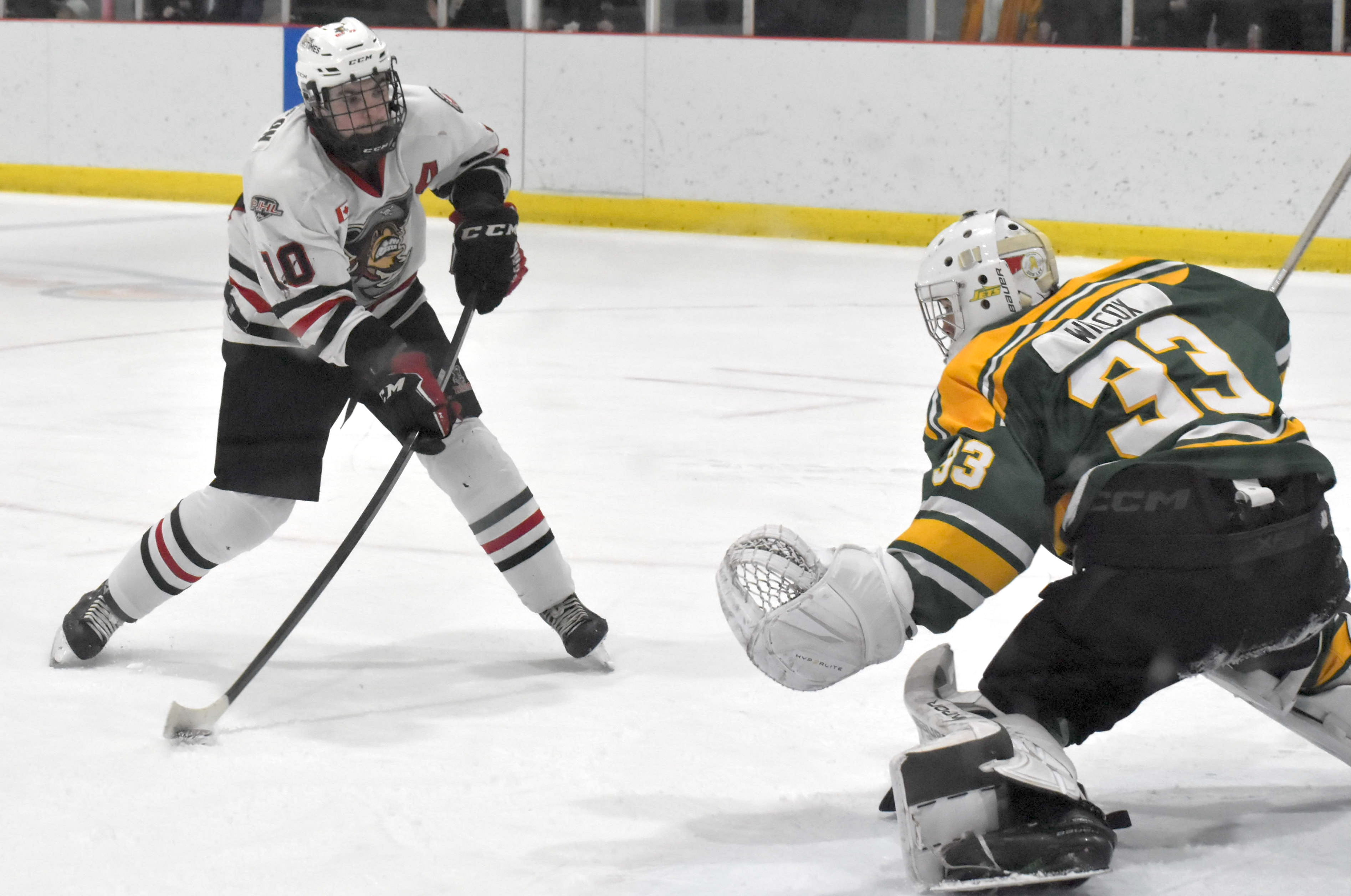 <p>Picton’s Cole Stevenson scored a game winning goal with 58 seconds left in regulation Tuesday to force a seventh and deciding game against the opposing Amherstview Jets. (Jason Parks/Gazette Staff)</p>
