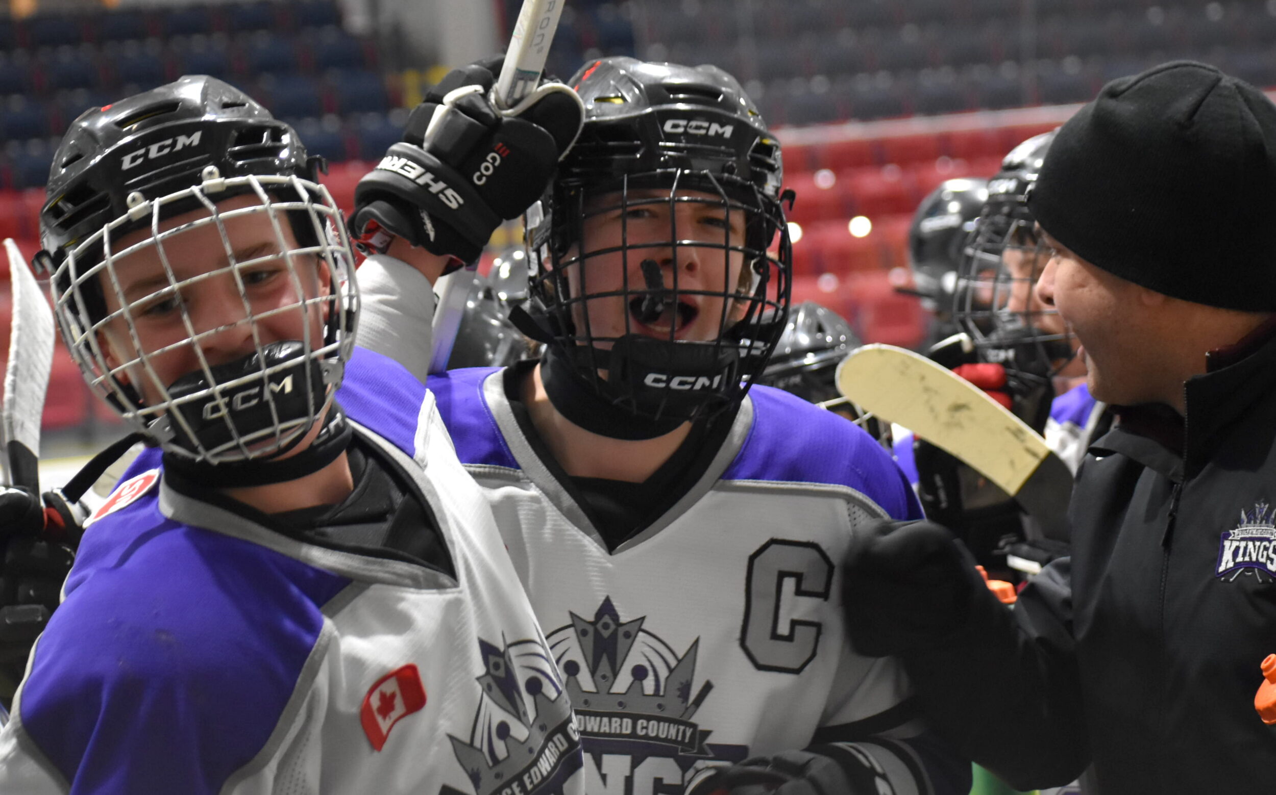 <p>(From Left) Charlie Burkitt was all smiles after Nathan Howe scored the game winner for the U15 Heidelberg Kings Tuesday night. (Jason Parks/Gazette Staff)</p>
