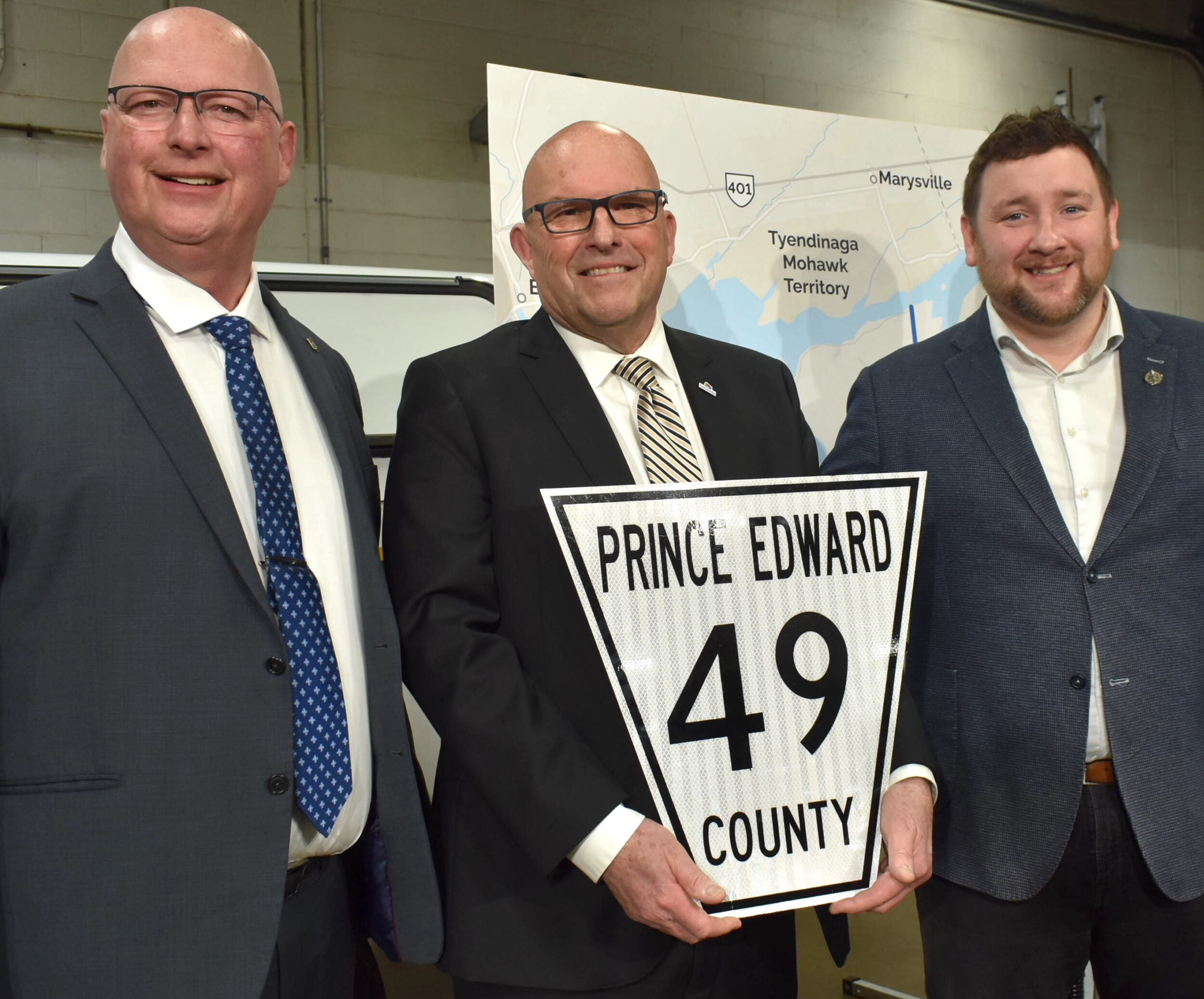 <p>Ministry of Transportation Parliamentary Assistant Ric Breese, Mayor Steve Ferguson and Bay of Quinte MPP Tyler Allsopp. (Jason Parks/Gazette Staff)</p>
