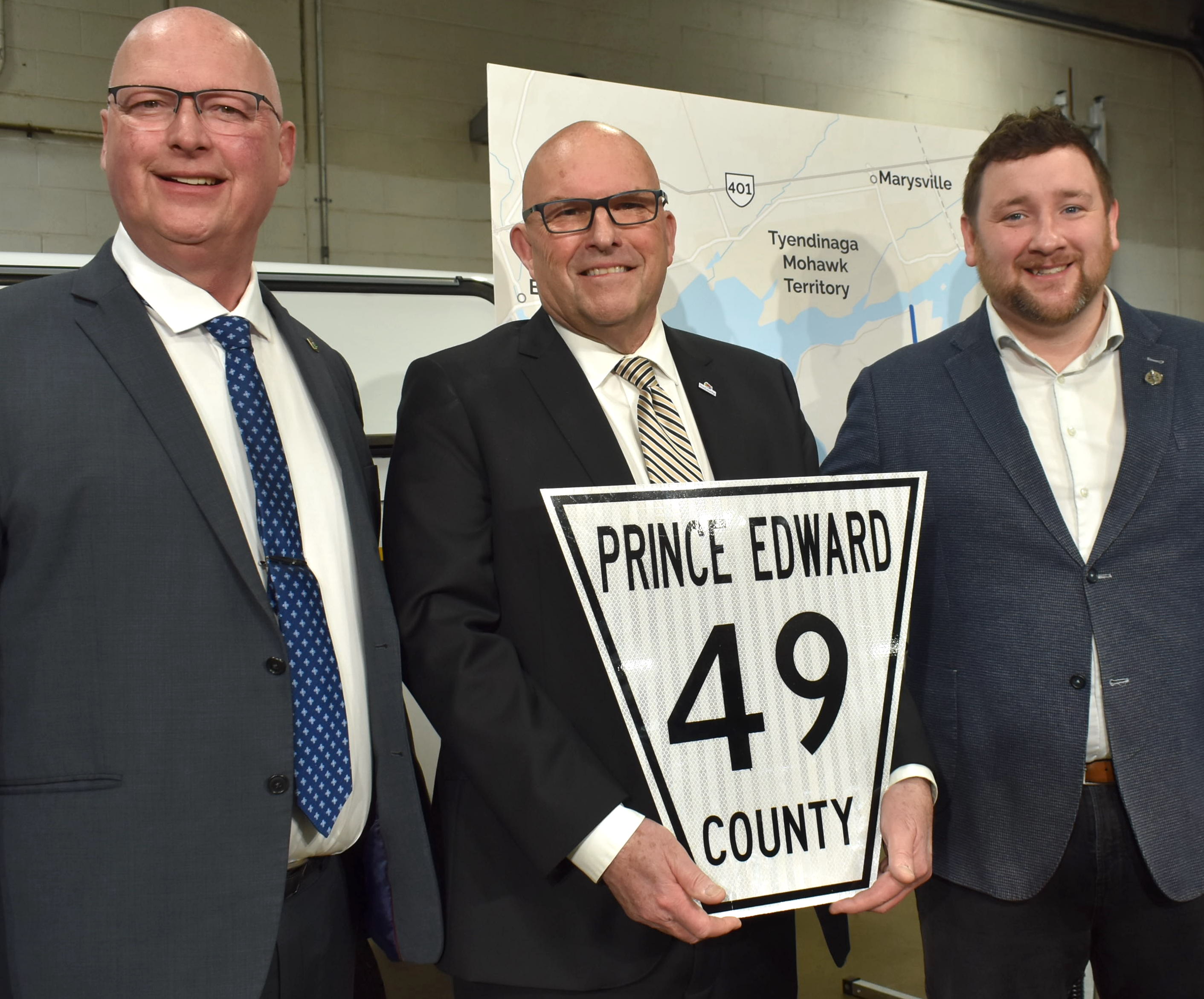<p>Ministry of Transportation Parliamentary Assistant Ric Breese, Mayor Steve Ferguson and Bay of Quinte MPP Tyler Allsopp. (Jason Parks/Gazette Staff)</p>
