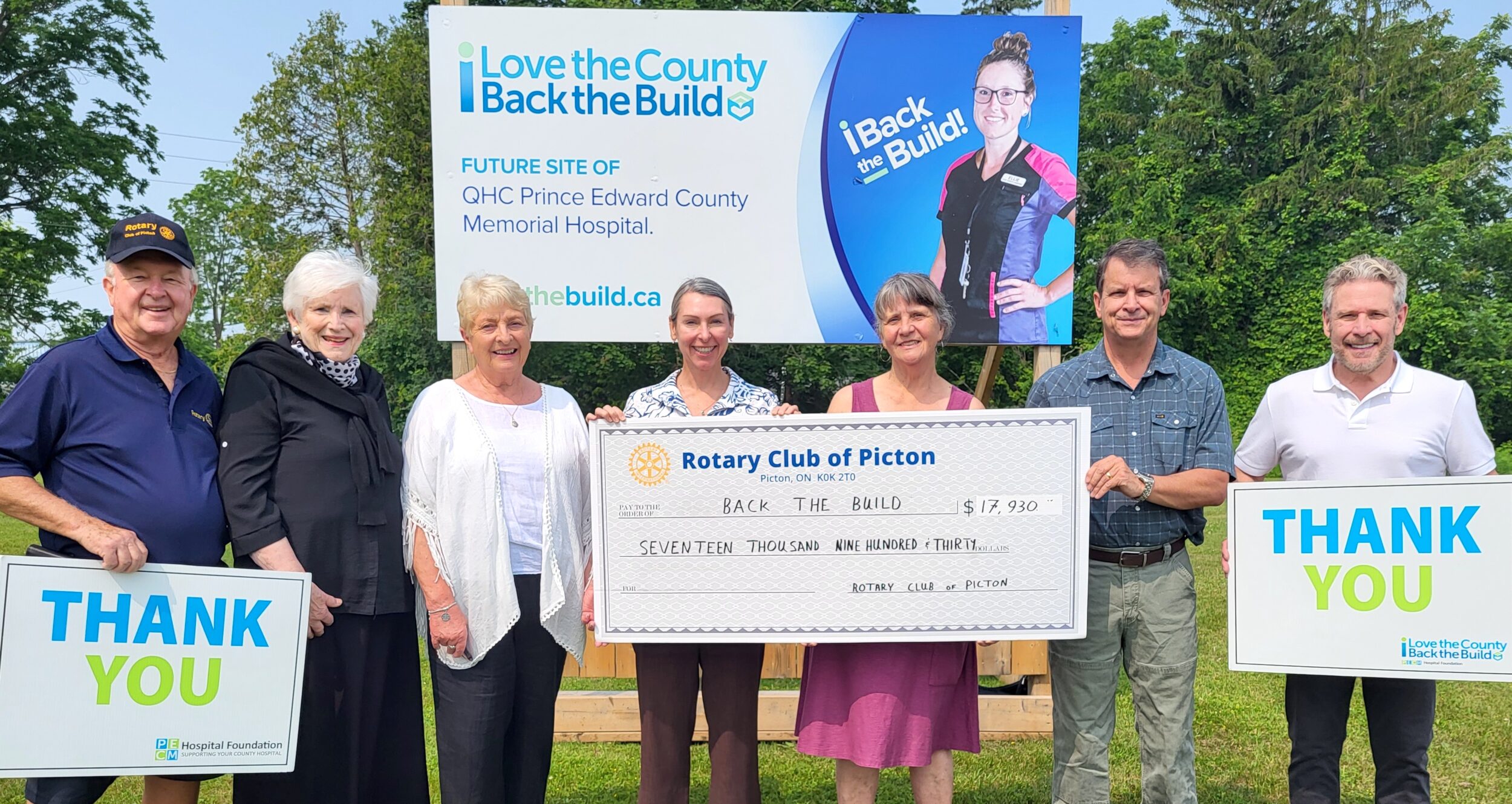 <p>Picton Rotarians hand over the proceeds from annual fundrasing events to Back the Build of the new Prince Edward County Memorial Hospital. (Supplied Photo)</p>
