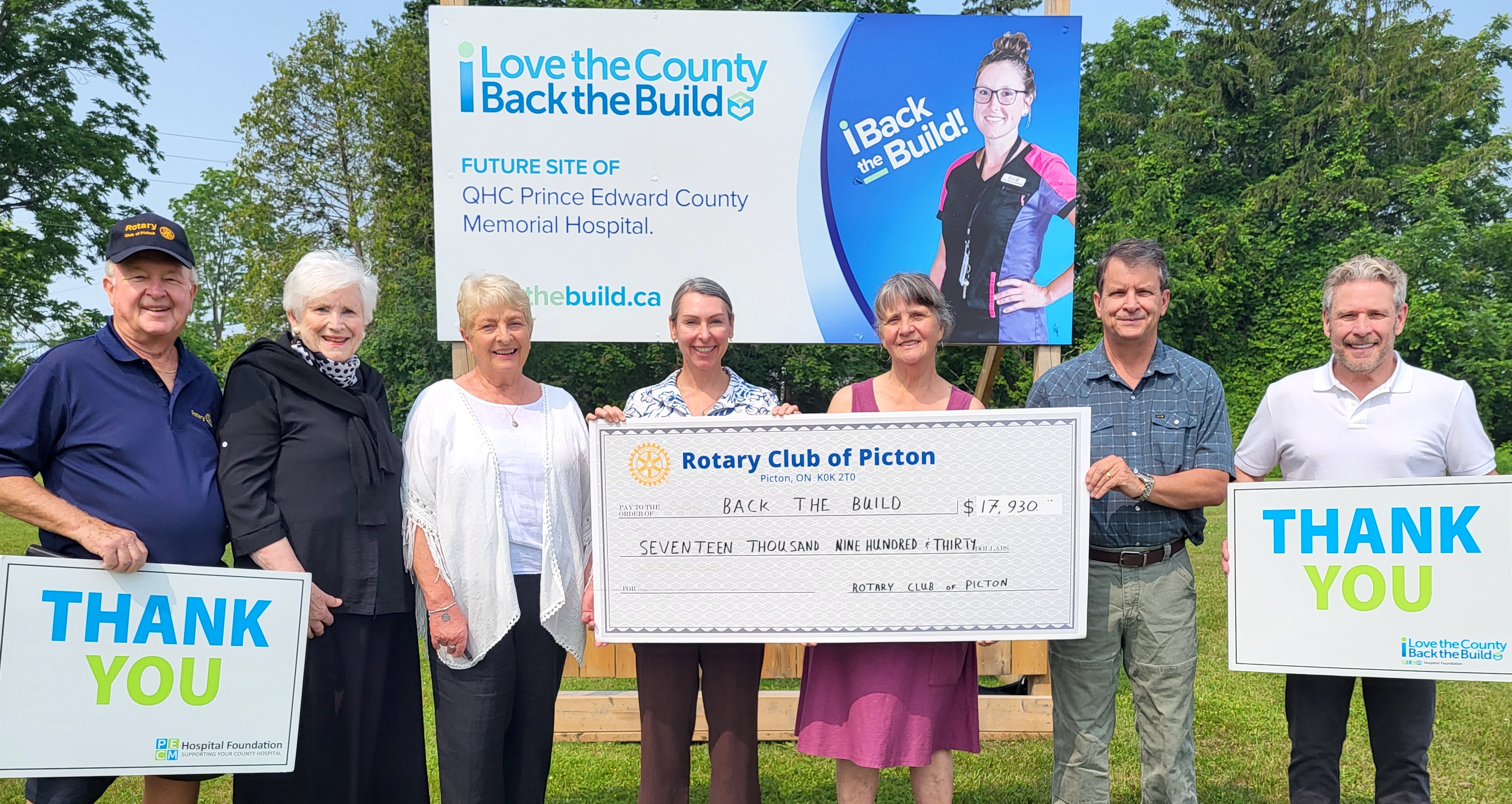 <p>Picton Rotarians hand over the proceeds from annual fundrasing events to Back the Build of the new Prince Edward County Memorial Hospital. (Supplied Photo)</p>
