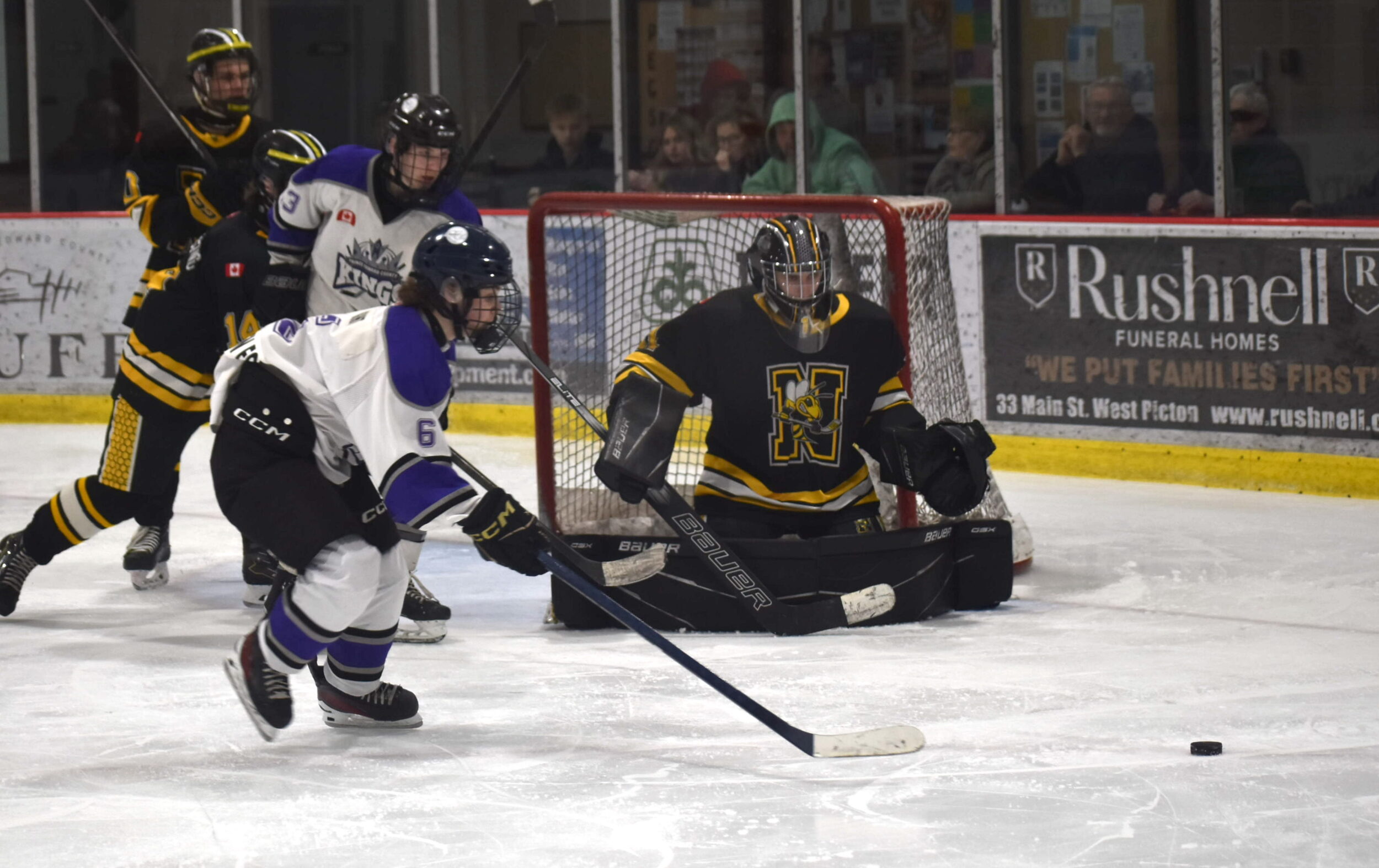 <p>County Kings shooter Drake Wight and others had a tough time solving  Norwood Hornets netminder Ethan Harding in the U18 EOMHL finals. (Jason Parks/Gazette Staff)</p>
