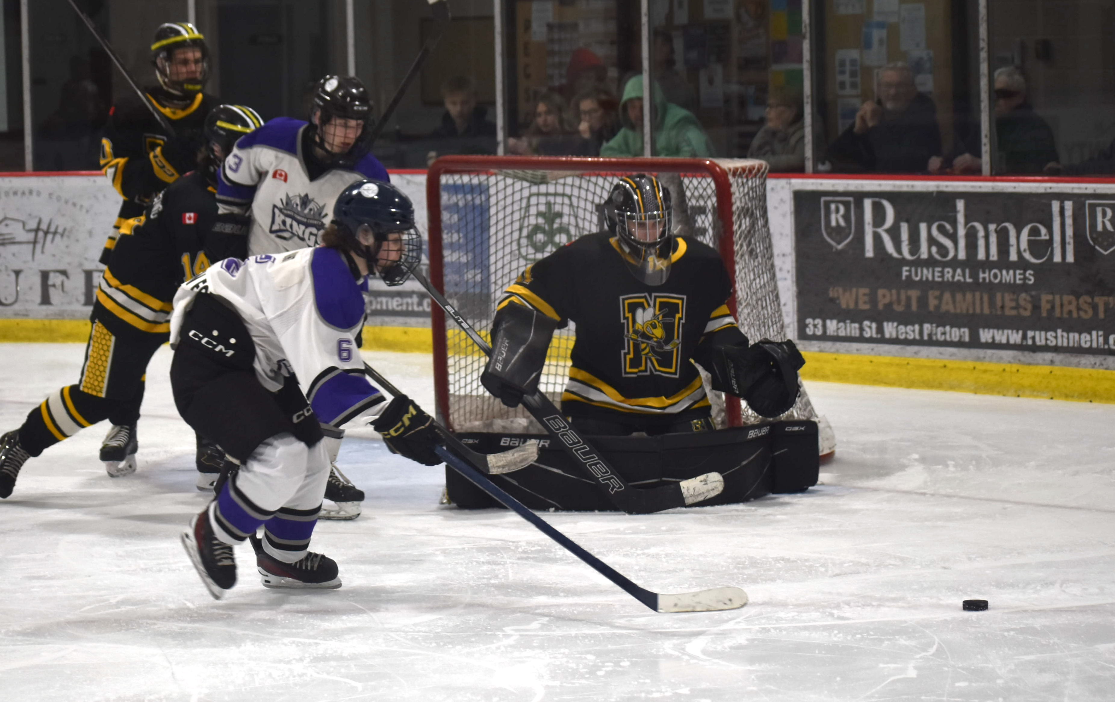<p>County Kings shooter Drake Wight and others had a tough time solving  Norwood Hornets netminder Ethan Harding in the U18 EOMHL finals. (Jason Parks/Gazette Staff)</p>
