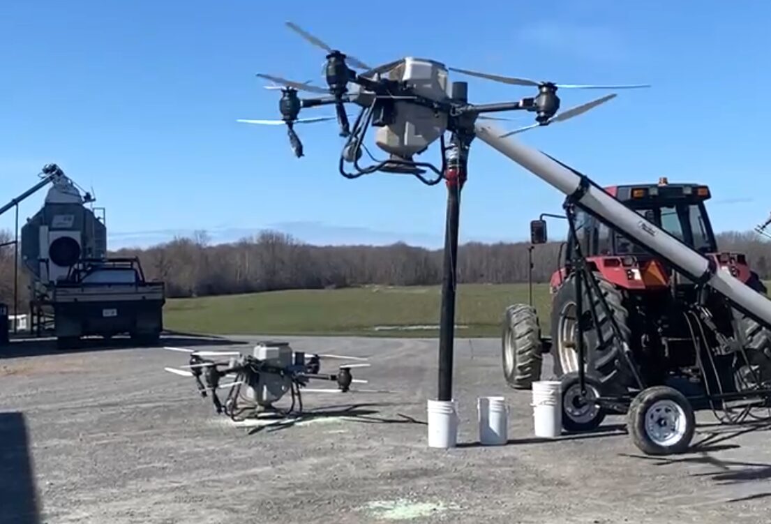 <p>A drone takes to the sky over an Athol ward farm last week. Drone spraying is a new tool farmers are using when weather won’t cooperate. (Supplied Photo)</p>
