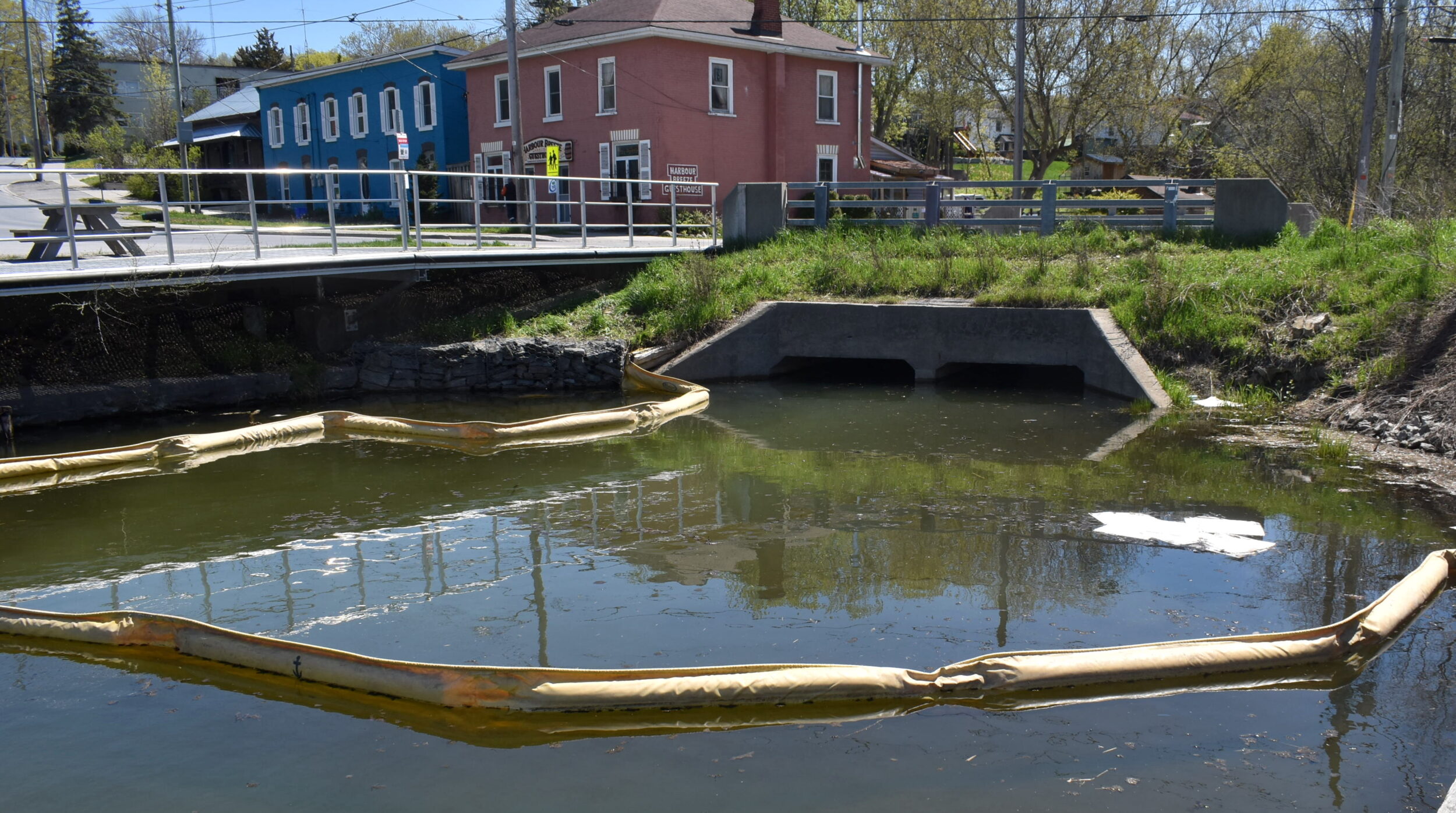 <p>Fuel spill containment measures where Marsh Creek empties into Picton Harbour. (Jason Parks/Gazette Staff)</p>
