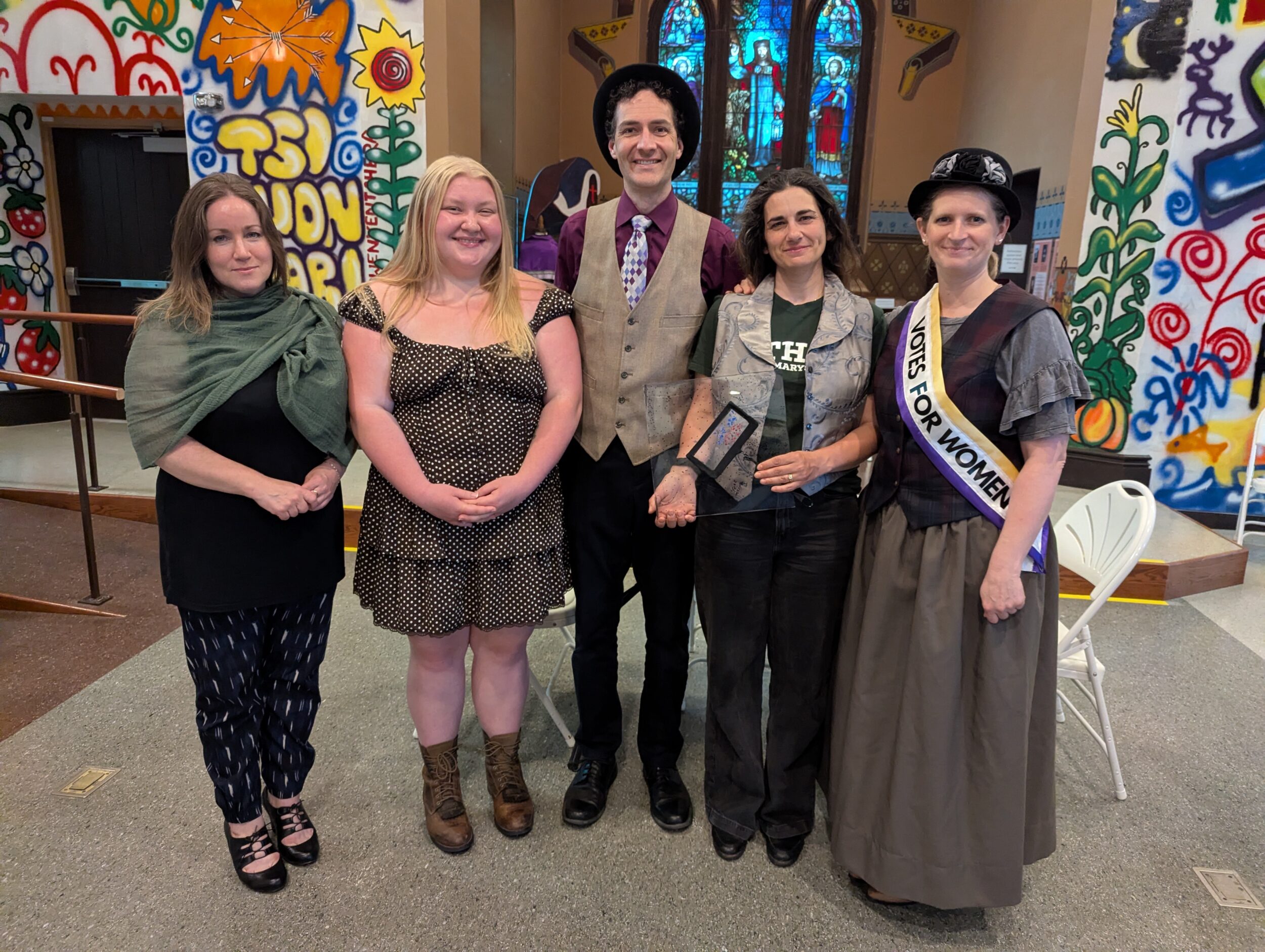 <p>Cast of Shatterbox Theatre’s production of Silent Sky. From left to right, Maggie Colby, Julianna Tyers, Ian Shanahan, Robin Snip and Robin Everhardus as Annie Jump Cannon. (Chris Fanning / Gazette Staff)</p>
