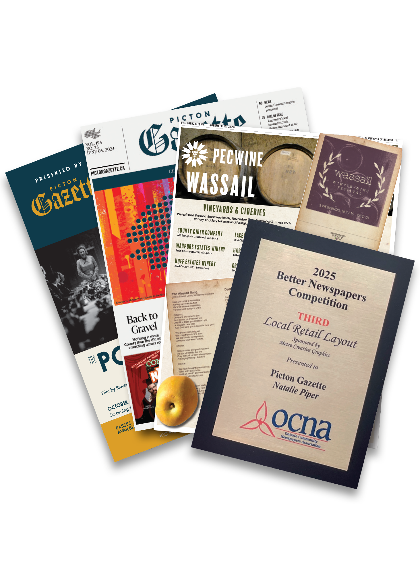 <p>Natalie Piper’s creative contributions to The Picton Gazette, including an award-winning Wassail Festival layout</p>

