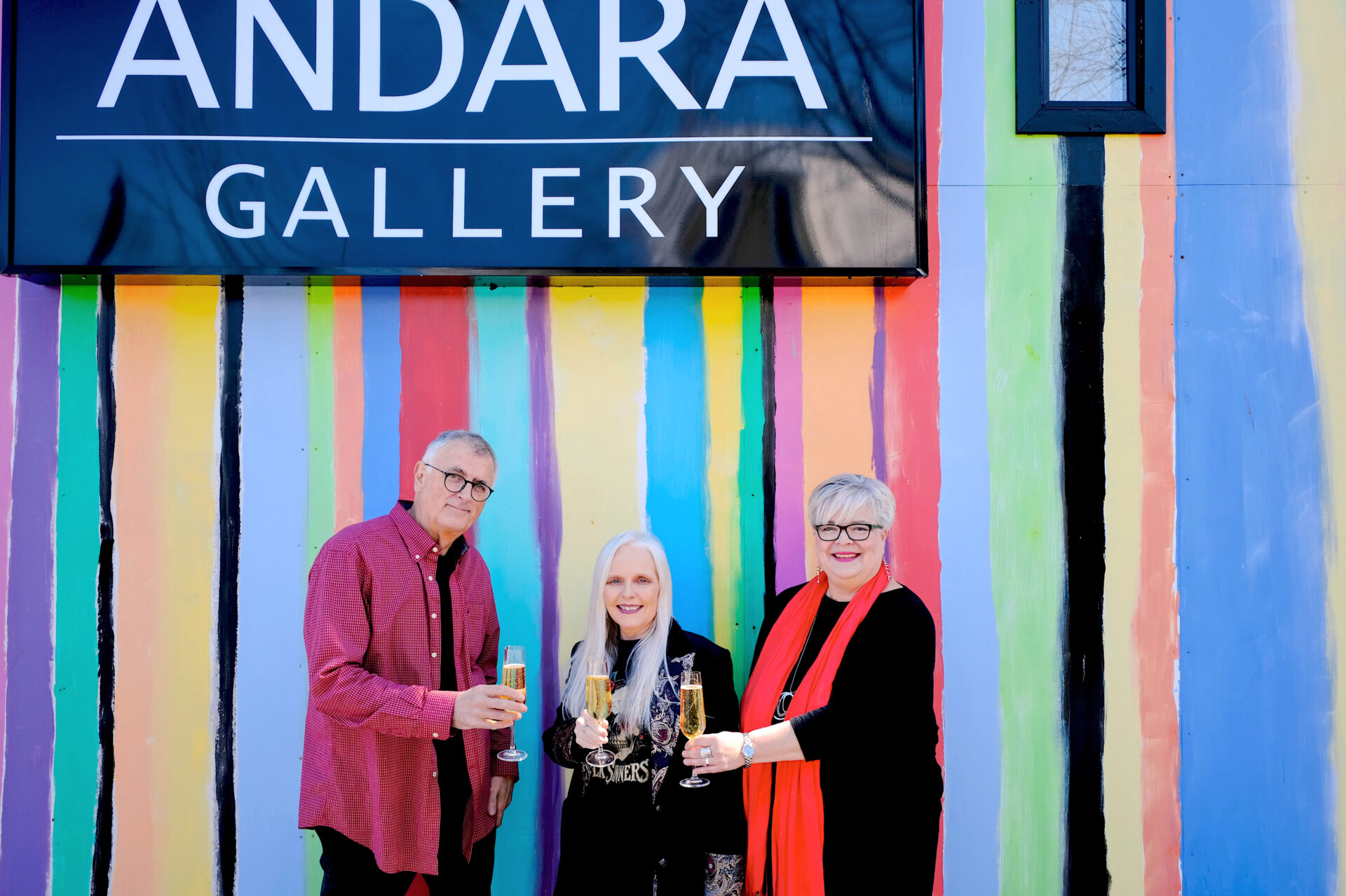 <p>Andrew Csafordi and Tara Wilkinson, artist/co-owners of ANDARA Gallery, with musician Astrid Young, celebrate the upcoming launch of VORTEX – a unique collaboration. (Supplied Photo)</p>

