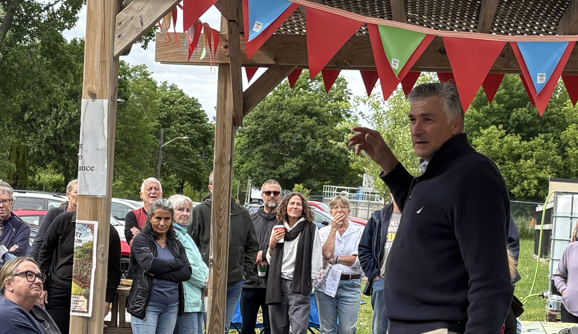 <p>Ernie Margetson launches his Mayoral Campaign at Delhi Park with about 50 people in attendance. (Karen Valihora/GAZETTE STAFF) </p>
