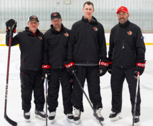 <p>(Second from left) Stefan Legein is part of the Belleville Senators coaching staff that includes goaltending coach Paul Gibson, head coach Andrew Campbell and assistant coach Joe Cirella. (Senators Photo)</p>
